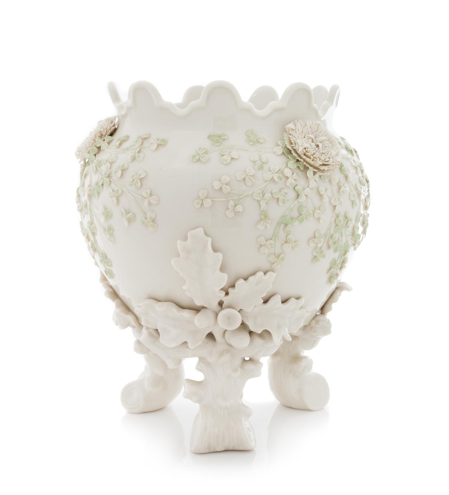 A Belleek Tripod Shamrock Jardiniere Height 10 3/4 inches. — FOURTH GREEN MARK (1946-1955)