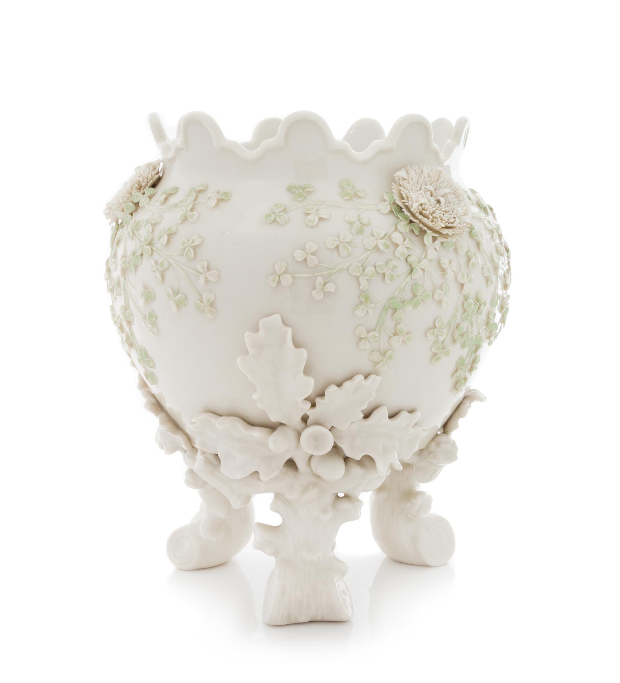 A Belleek Tripod Shamrock Jardiniere Height 10 3/4 inches. — FOURTH GREEN MARK (1946-1955)