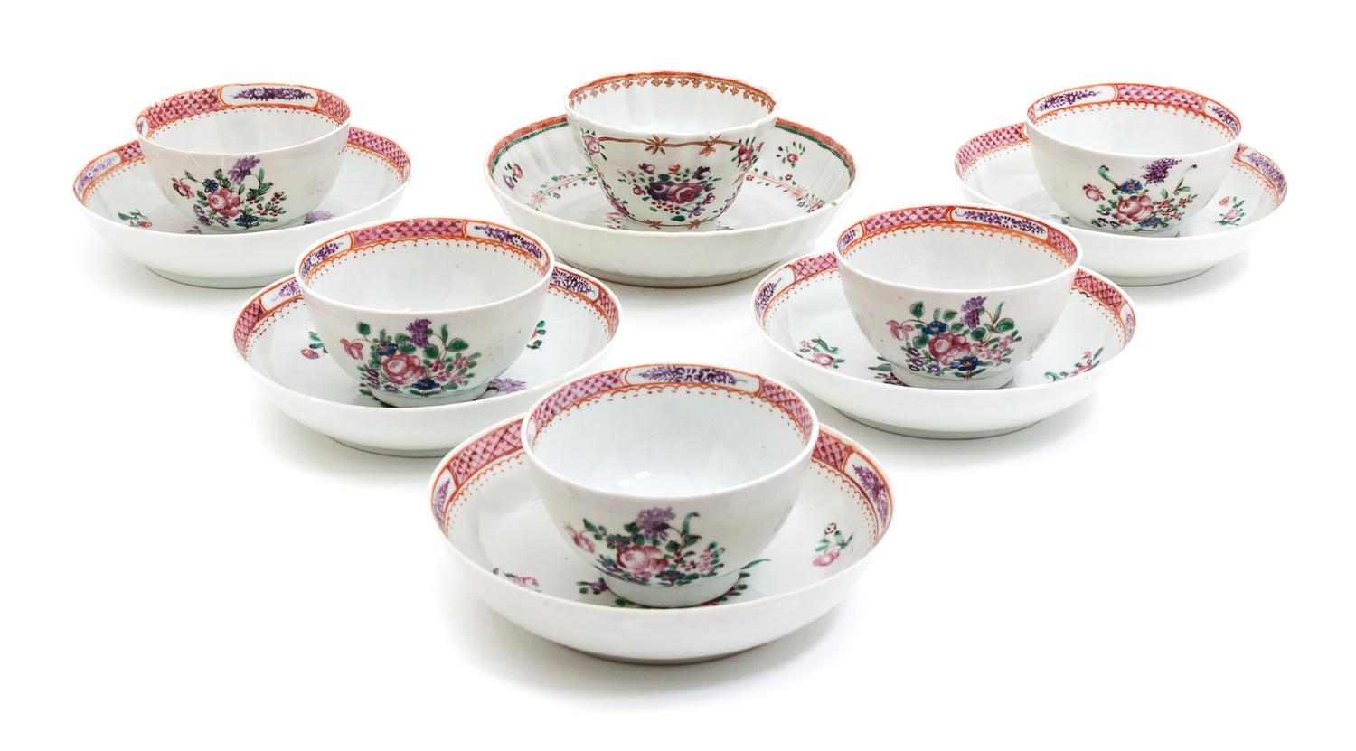 Six Chinese Export Famille Rose Porcelain Cups with Undertrays Diameter of larger undertray 5 1/2 inches. — 19TH CENTURY
