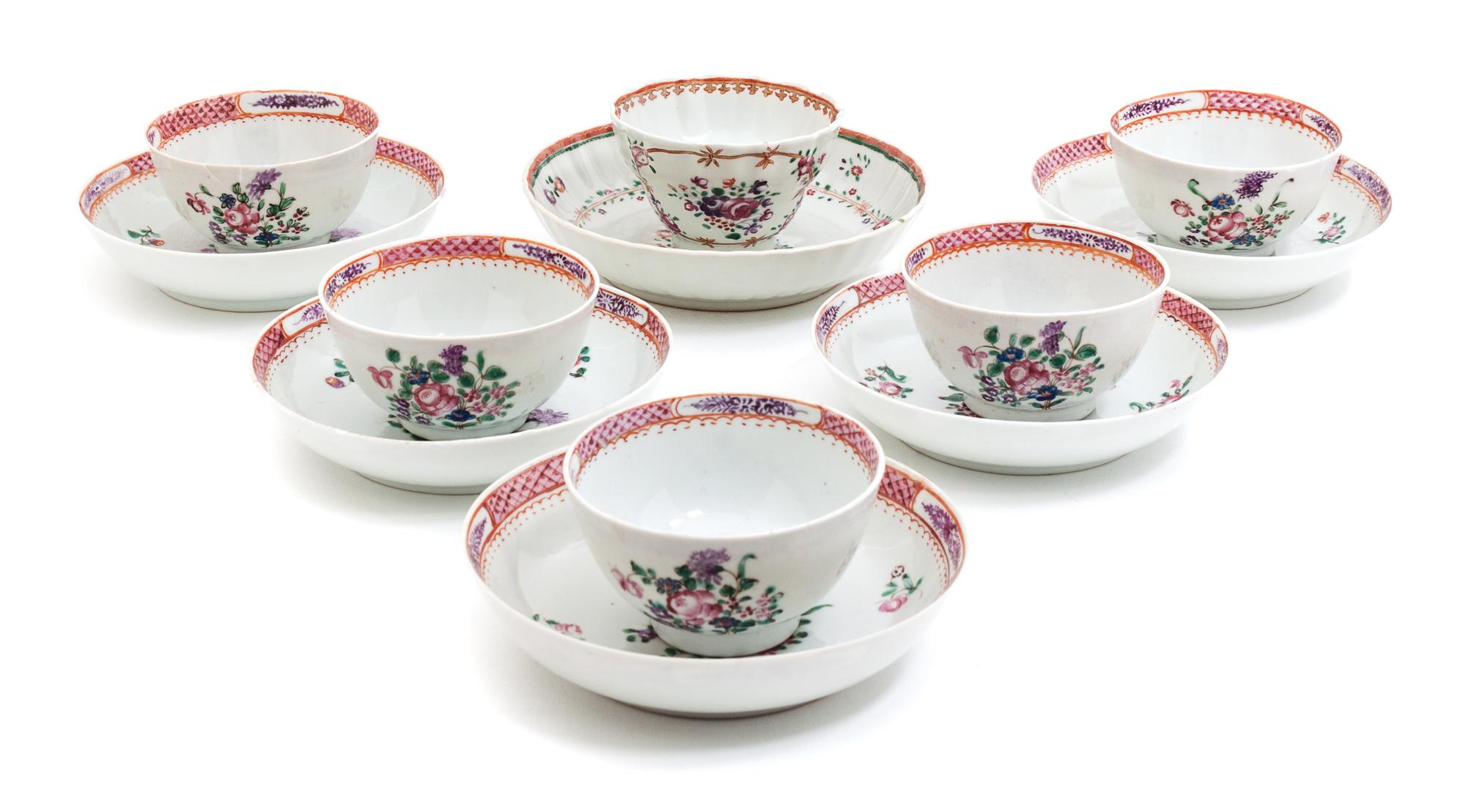 Six Chinese Export Famille Rose Porcelain Cups with Undertrays Diameter of larger undertray 5 1/2 inches. — 19TH CENTURY