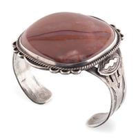 Fred Harvey Era Navajo Stamped Silver Cuff Bracelet, with Petrified Wood Cabochon