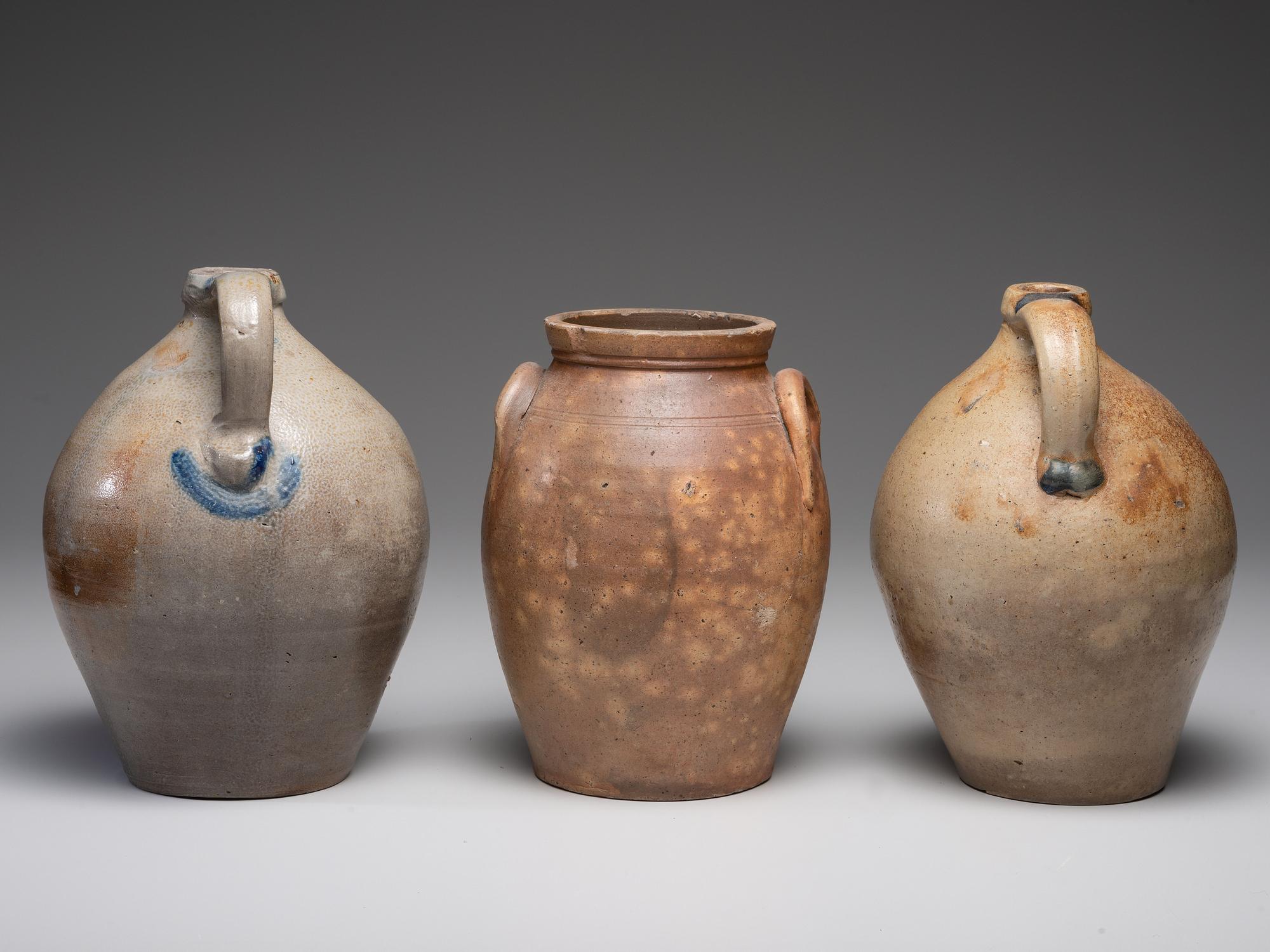 Three Cobalt Decorated Stoneware Vessels