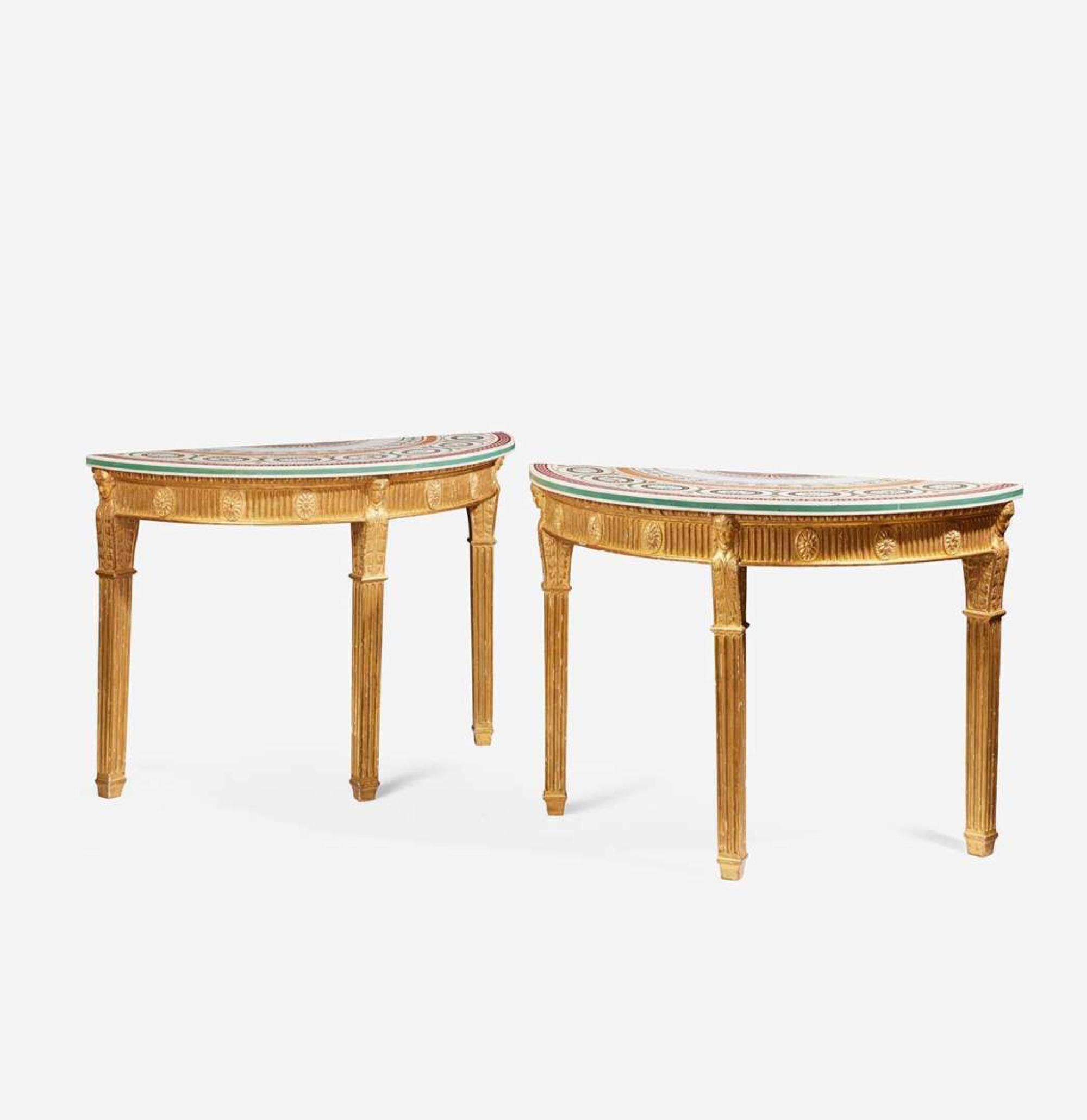 A pair of George III scagliola inlaid and giltwood demilune tables circa 1780
