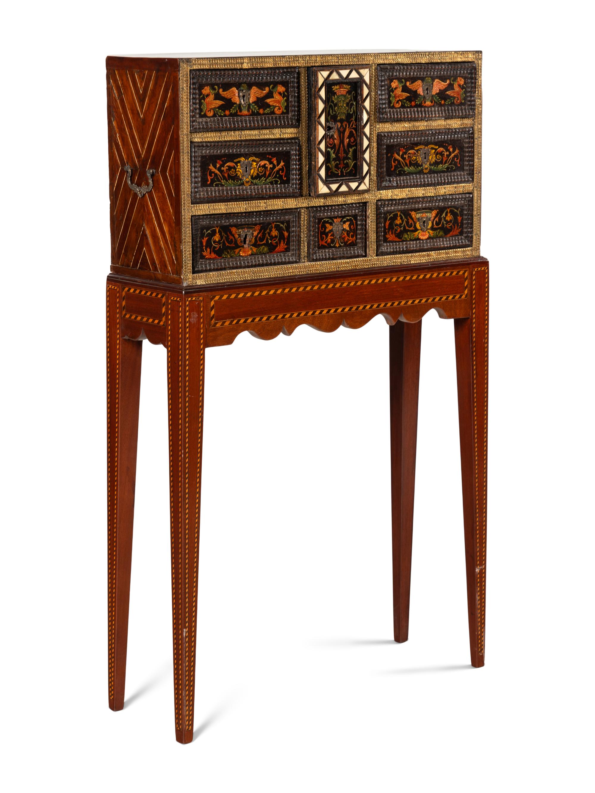 An Italian or Flemish Painted Collector's Cabinet on Stand