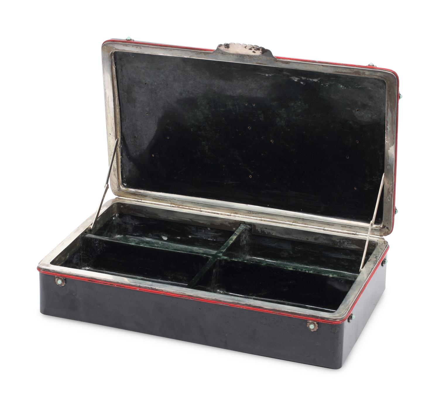 A Large Nephrite Box with Diamond, Coral and Sapphire Inlay