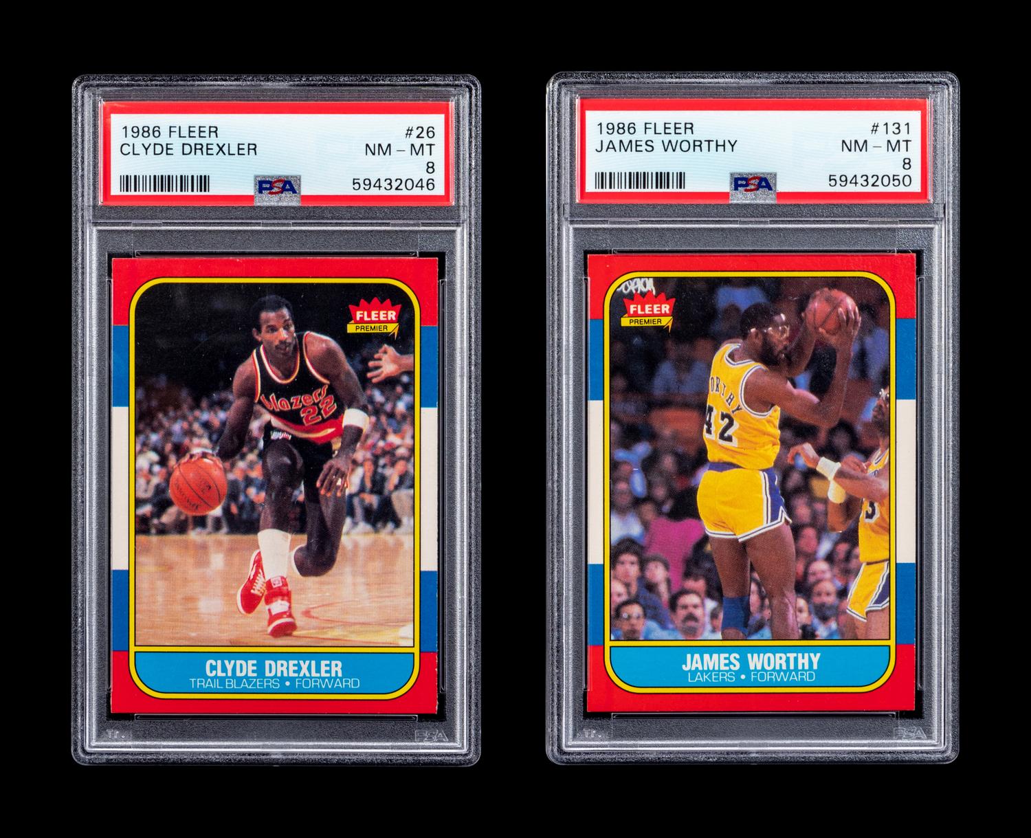A Group of 1986 Fleer Clyde Drexler and James Worthy PSA Graded Rookie Basketball Cards,