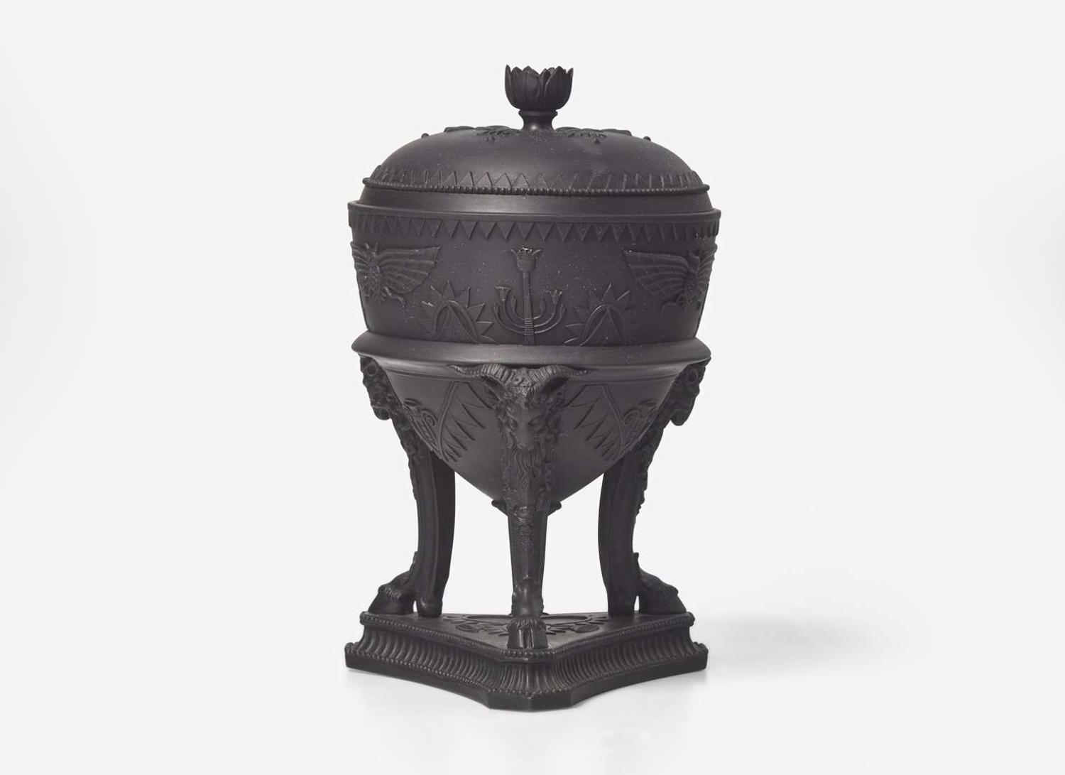 A Wedgwood Black Basalt Egyptian Revival Tripod Vase and Cover, UK, circa 1800