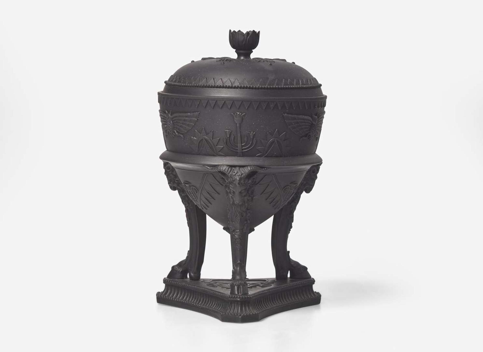 A Wedgwood Black Basalt Egyptian Revival Tripod Vase and Cover, UK, circa 1800