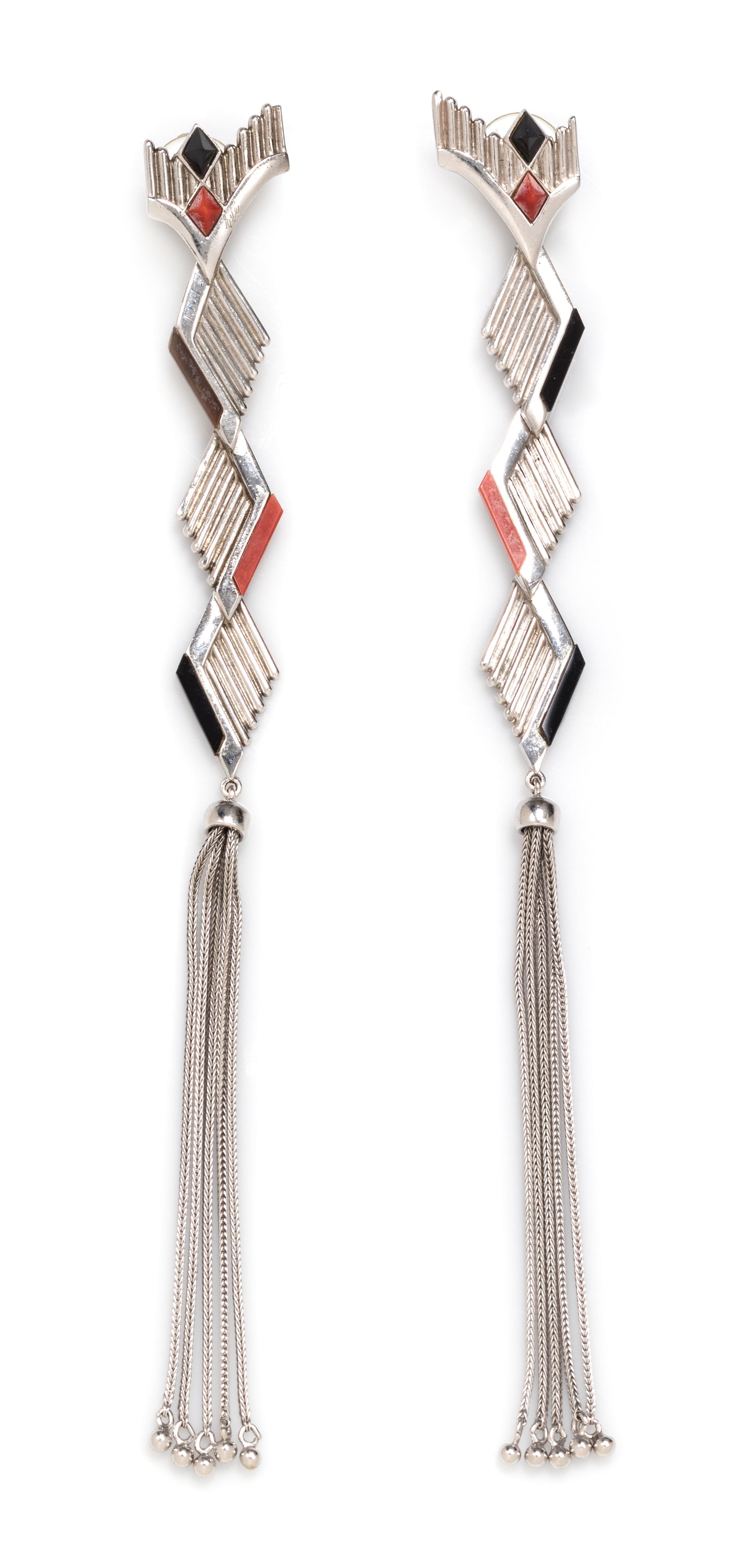 A Pair of Sterling Silver, Onyx and Coral Earrings, Erte, 15.30 dwts.