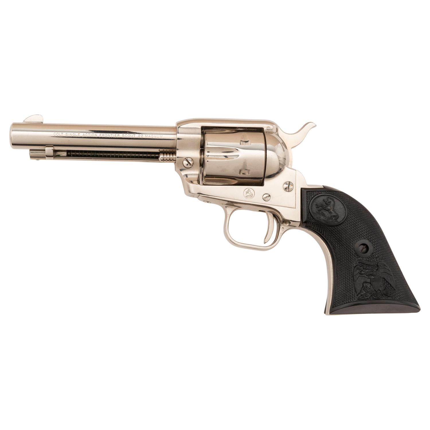 **Nickel 4.75" Colt Single Action Frontier Scout Revolver in .22 Magnum with Extra Grips