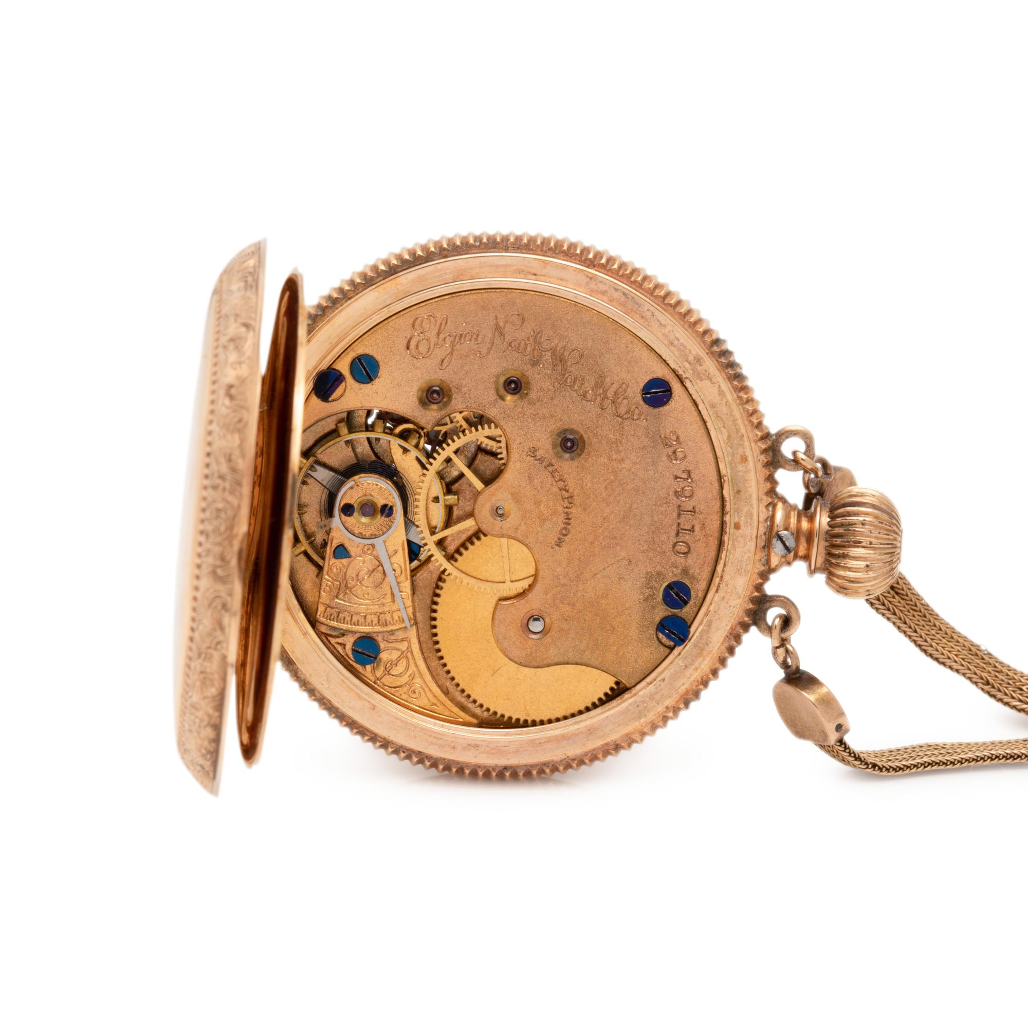 ELGIN, 14K YELLOW GOLD AND DIAMOND HUNTER CASE POCKET WATCH AND LONGCHAIN