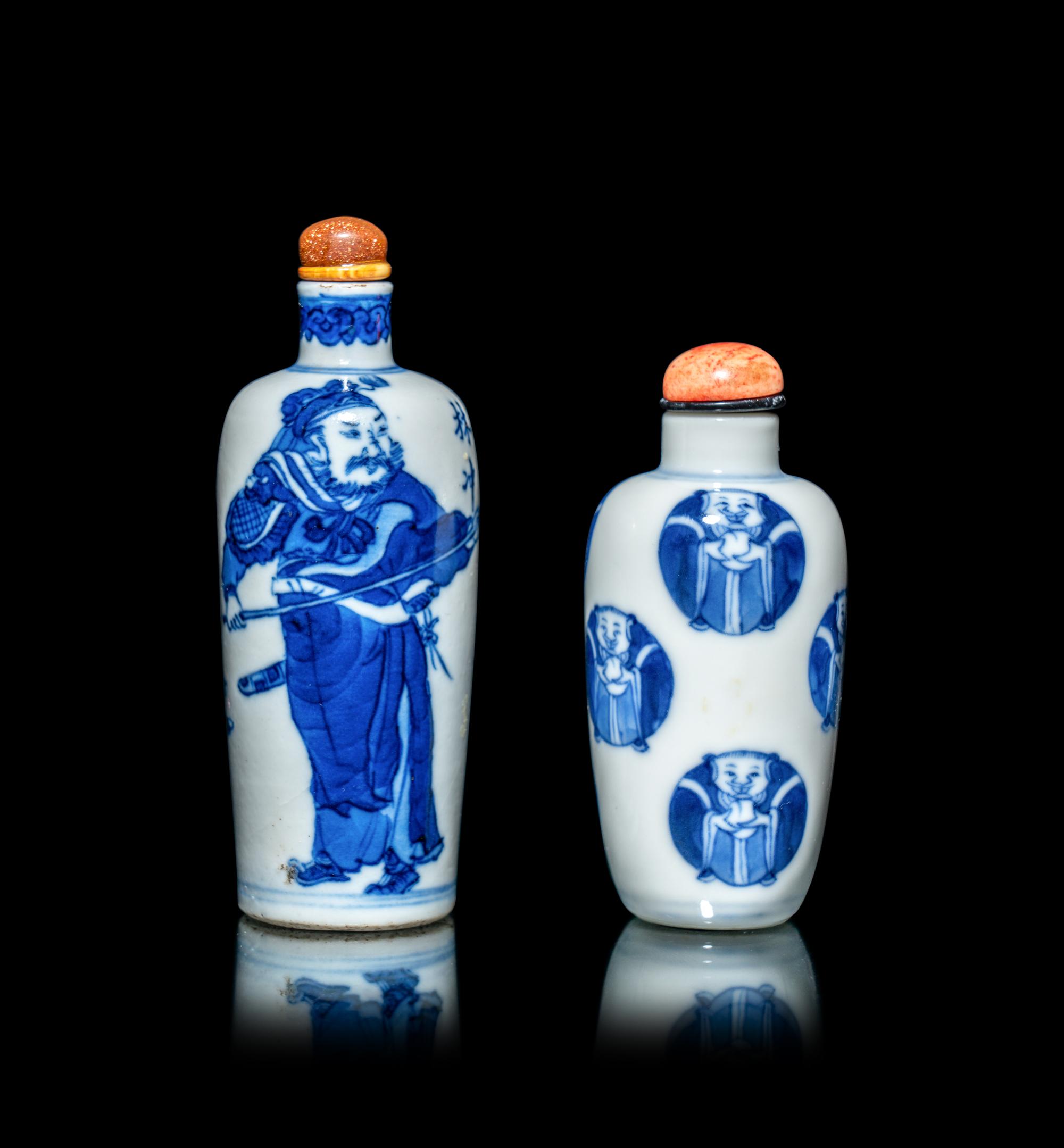 Two Chinese Blue and White Porcelain 'Figural' Snuff Bottles