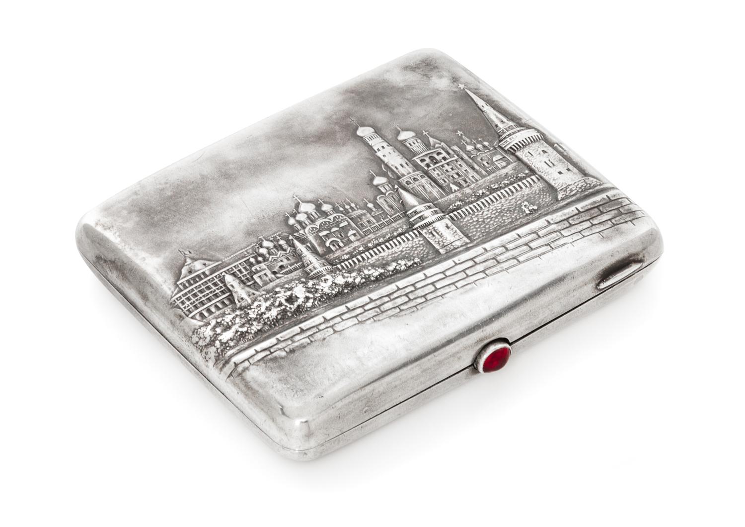 A Russian Niello Silver Cigarette Case, Mark of a Jewelers Artel, Moscow, 20th century, the lid worked to show the Kremlin viewed from