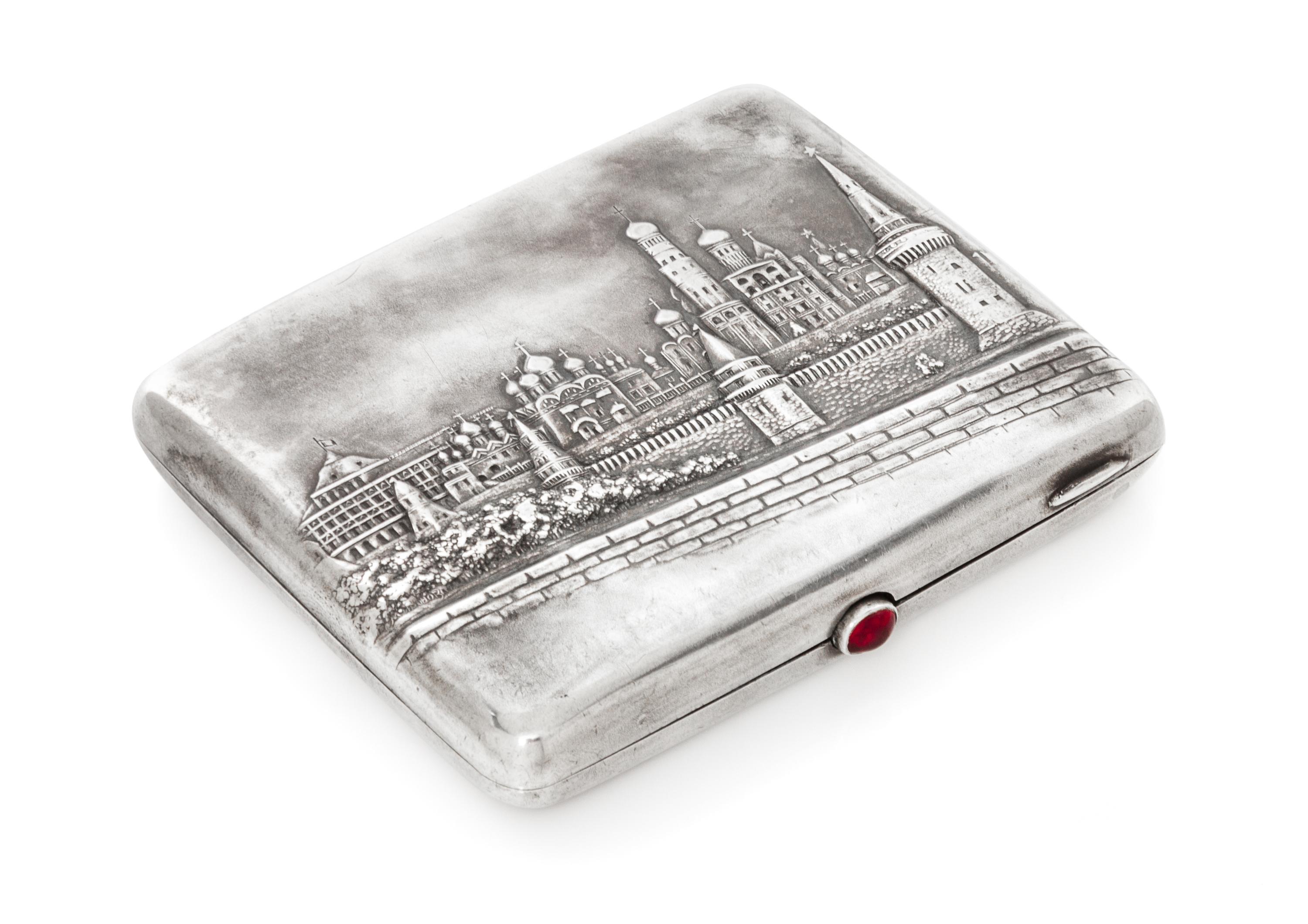 A Russian Niello Silver Cigarette Case, Mark of a Jewelers Artel, Moscow, 20th century, the lid worked to show the Kremlin viewed from