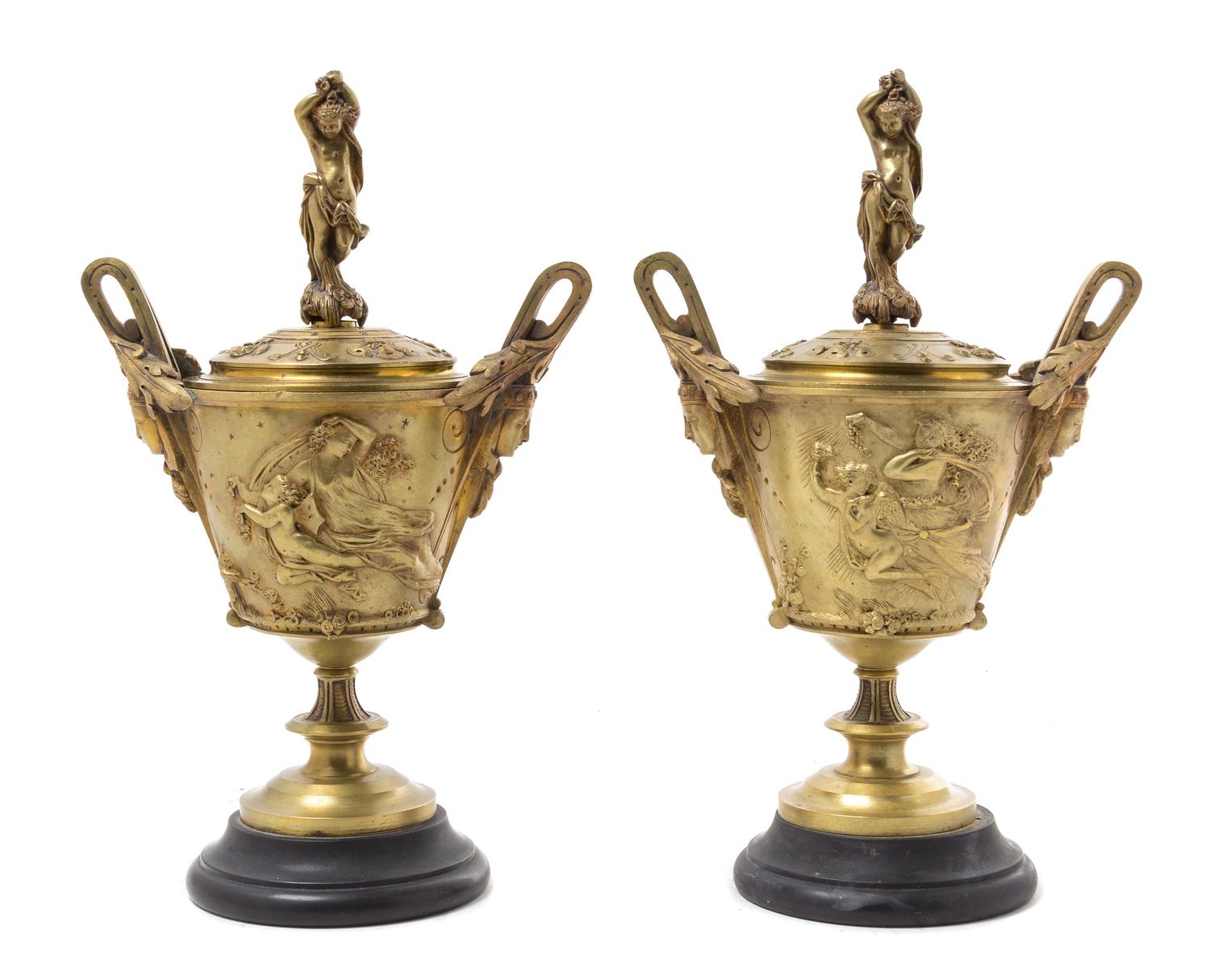 A Pair of French Bronze Covered Urns Height 11 inches. — LATE 19TH CENTURY