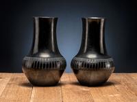 Pair of Blackware Pottery Vases, with Repeating Feather Design and Gunmetal Finish