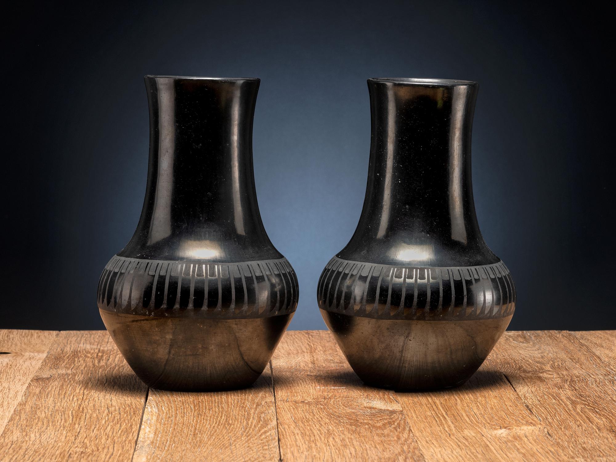 Pair of Blackware Pottery Vases, with Repeating Feather Design and Gunmetal Finish