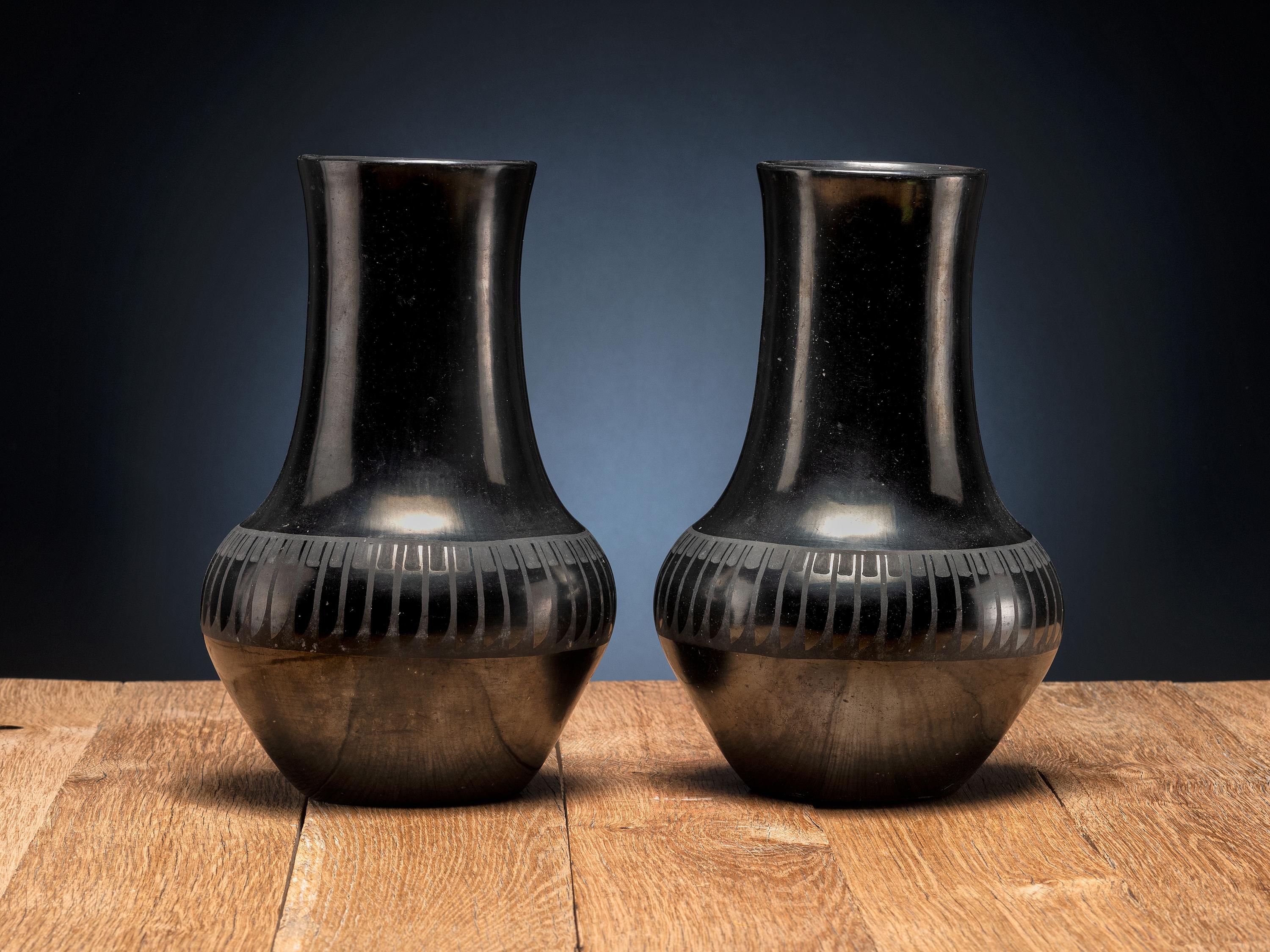 Pair of Blackware Pottery Vases, with Repeating Feather Design and Gunmetal Finish