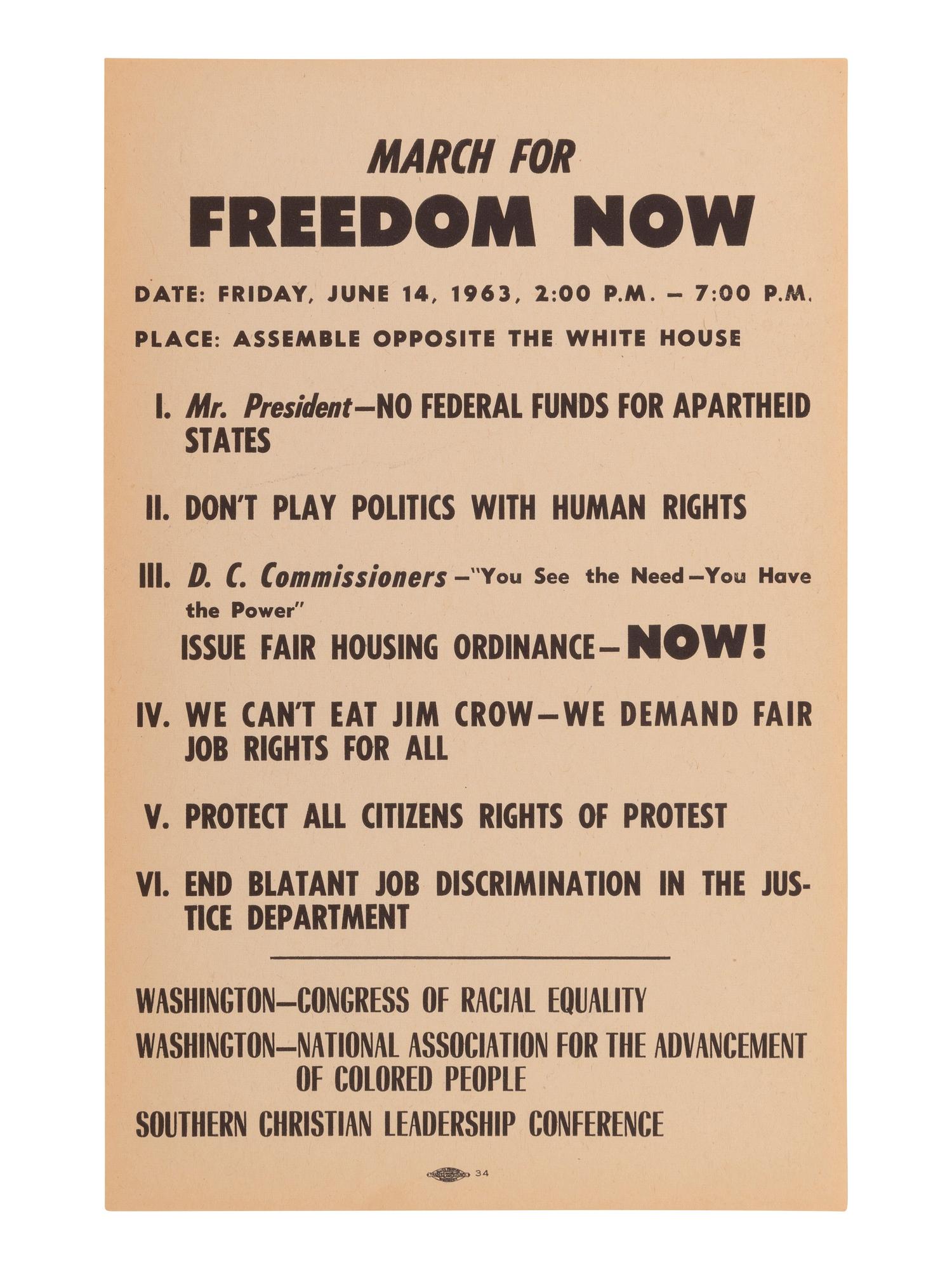 [CIVIL RIGHTS]. March for Freedom Now...Assemble Opposite the White House. [Washington, DC], 14 June 1963. Handbill for march scheduled three days after John F. Kennedy's televised civil rights address.