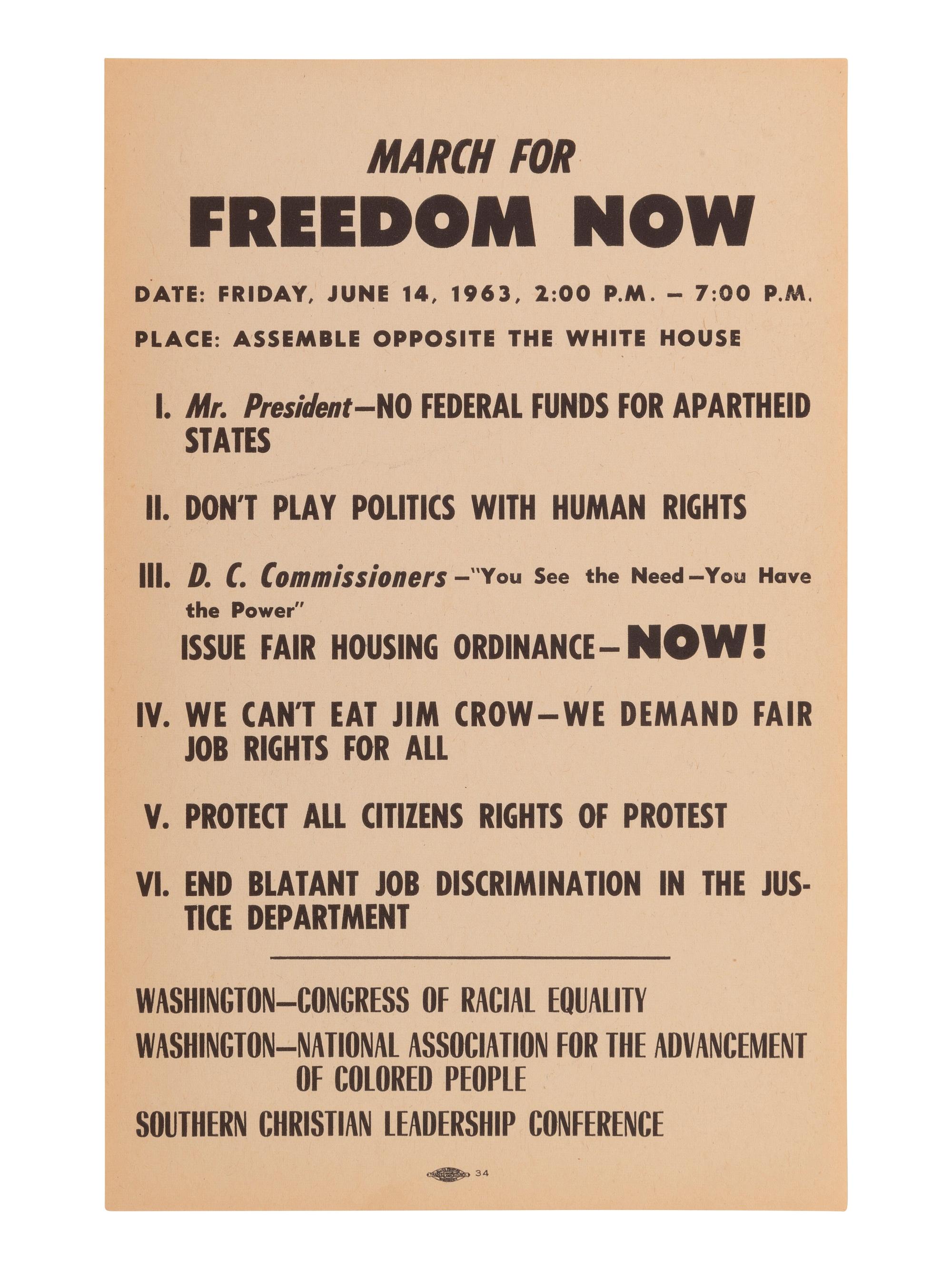 [CIVIL RIGHTS]. March for Freedom Now...Assemble Opposite the White House. [Washington, DC], 14 June 1963. Handbill for march scheduled three days after John F. Kennedy's televised civil rights address.