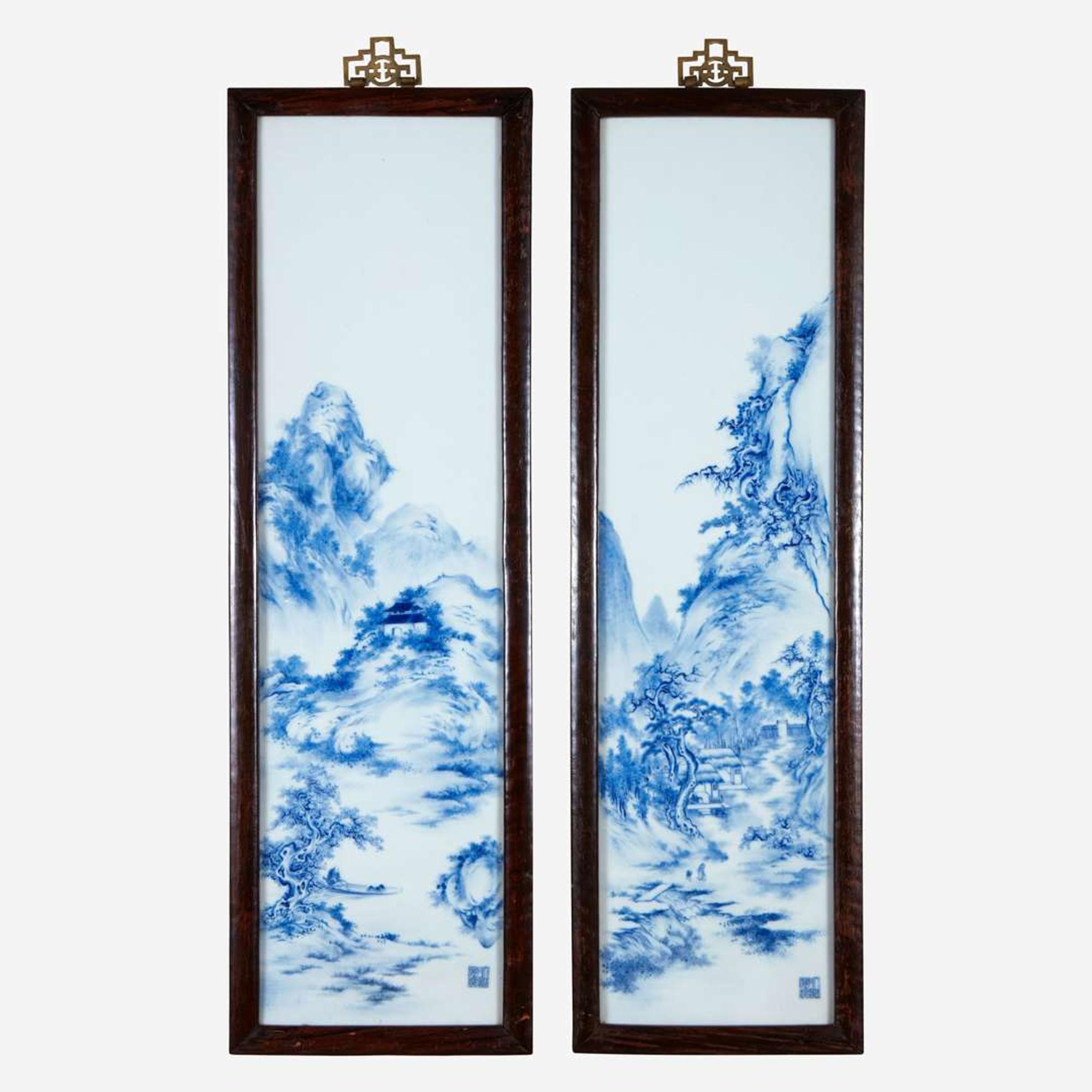 Two finely-painted Chinese blue and white porcelain panels 青花瓷板两件