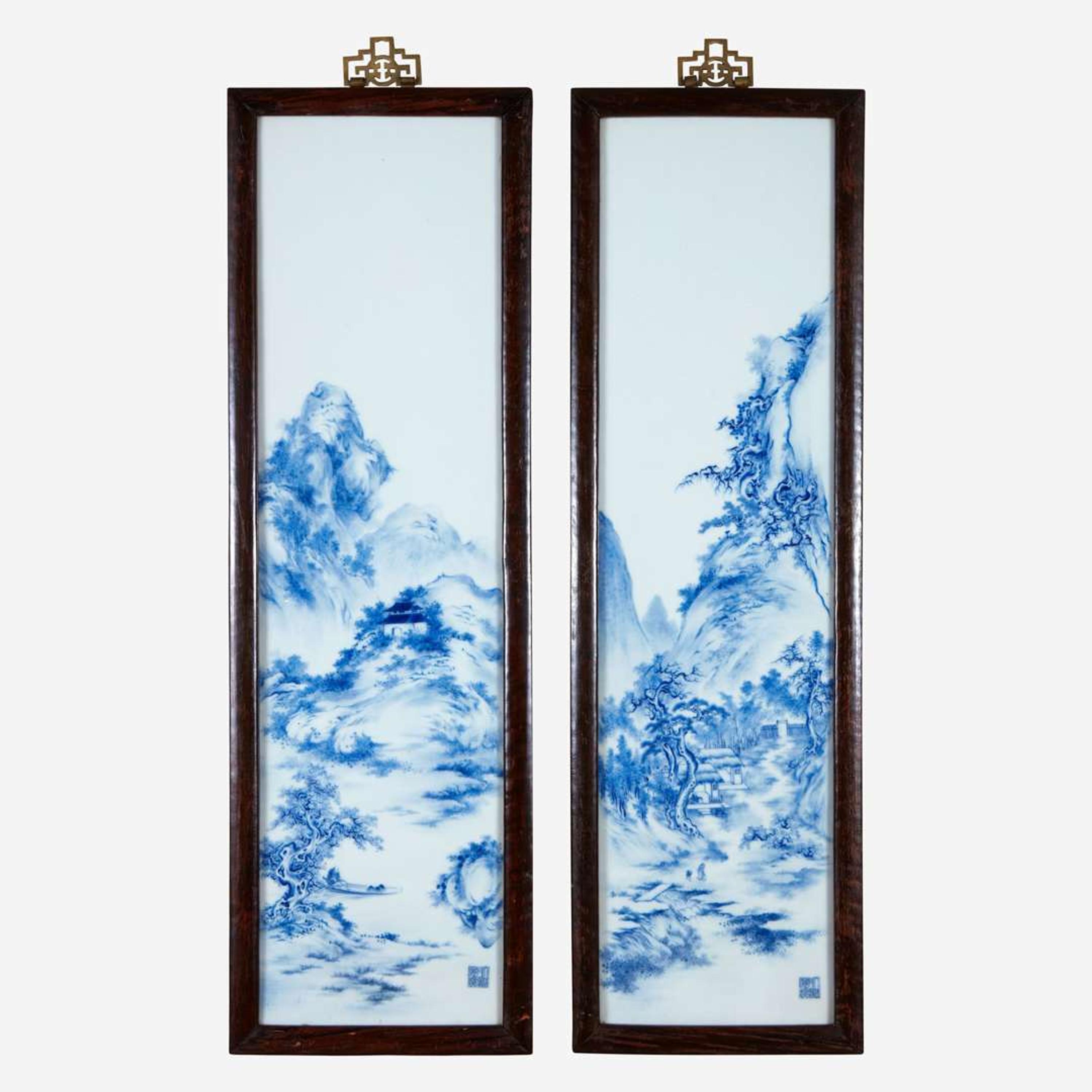 Two finely-painted Chinese blue and white porcelain panels 青花瓷板两件
