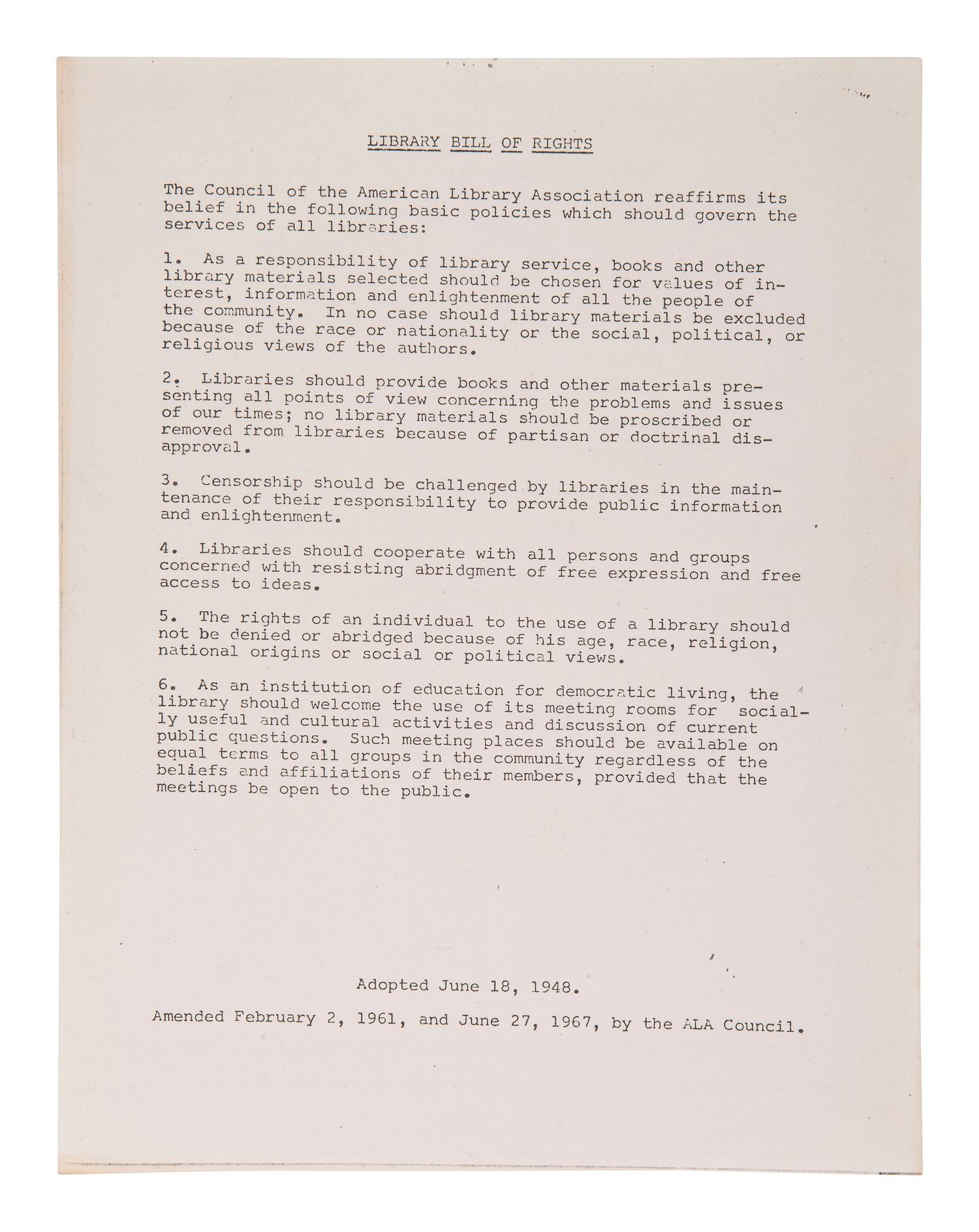[CIVIL RIGHTS]. Library Bill of Rights, 1968.