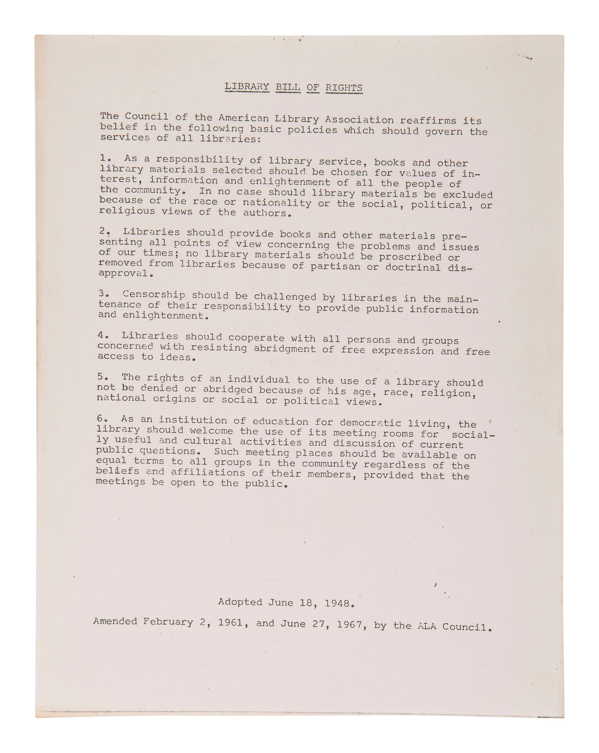 [CIVIL RIGHTS]. Library Bill of Rights, 1968.