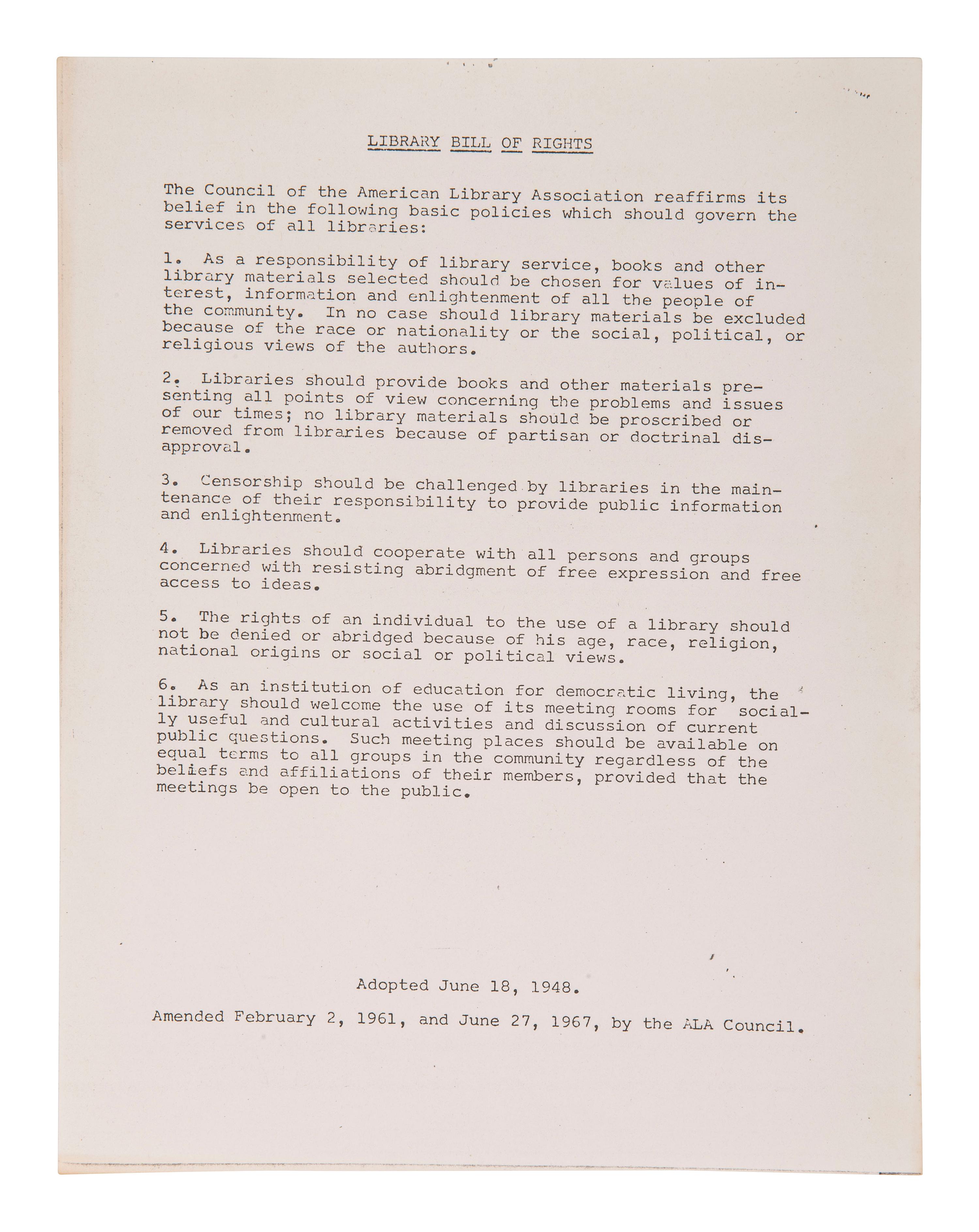 [CIVIL RIGHTS]. Library Bill of Rights, 1968.