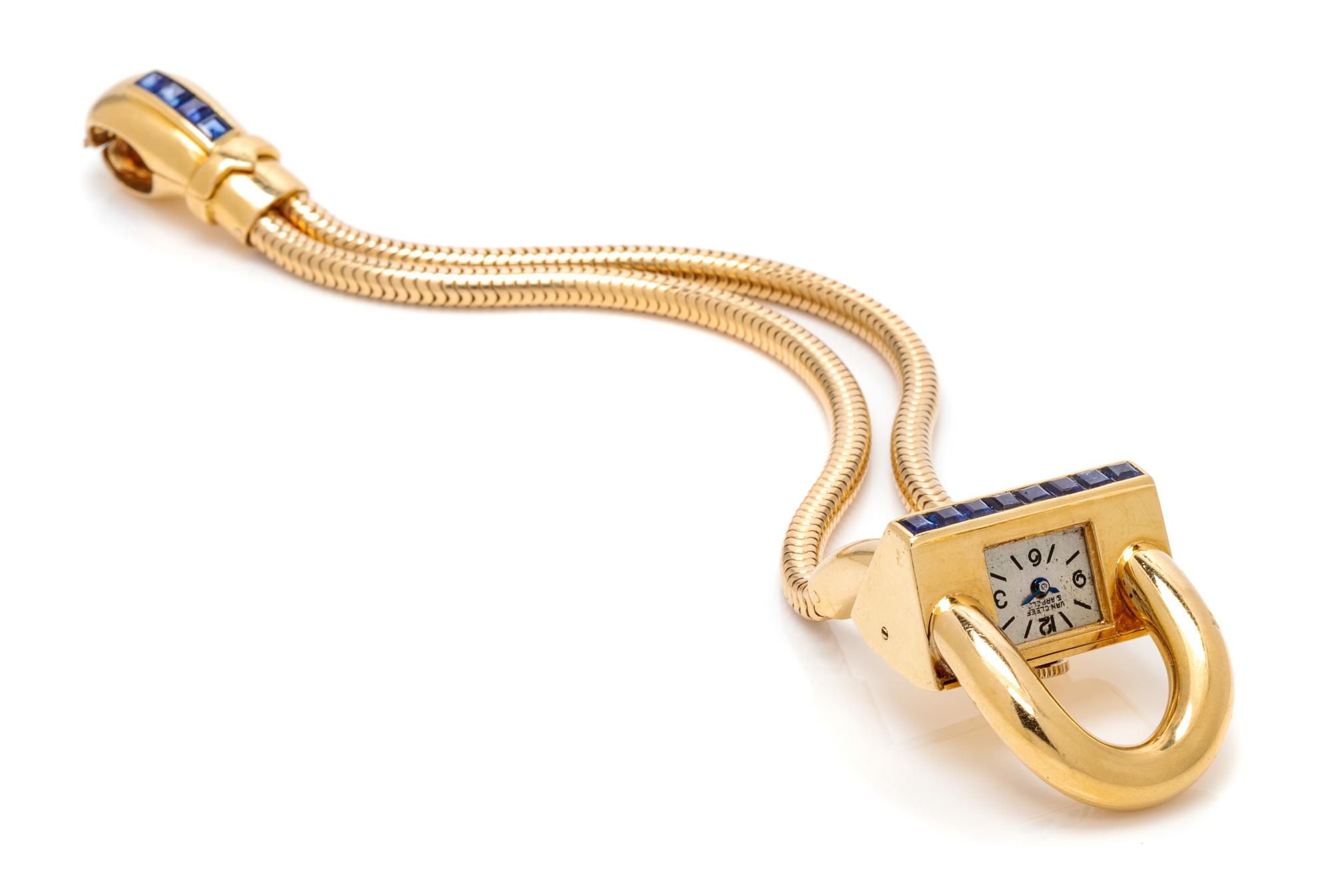 A Retro 18 Karat Yellow Gold and Sapphire 'Cadenas' Wristwatch, Van Cleef & Arpels, New York, 40.60 dwts.
