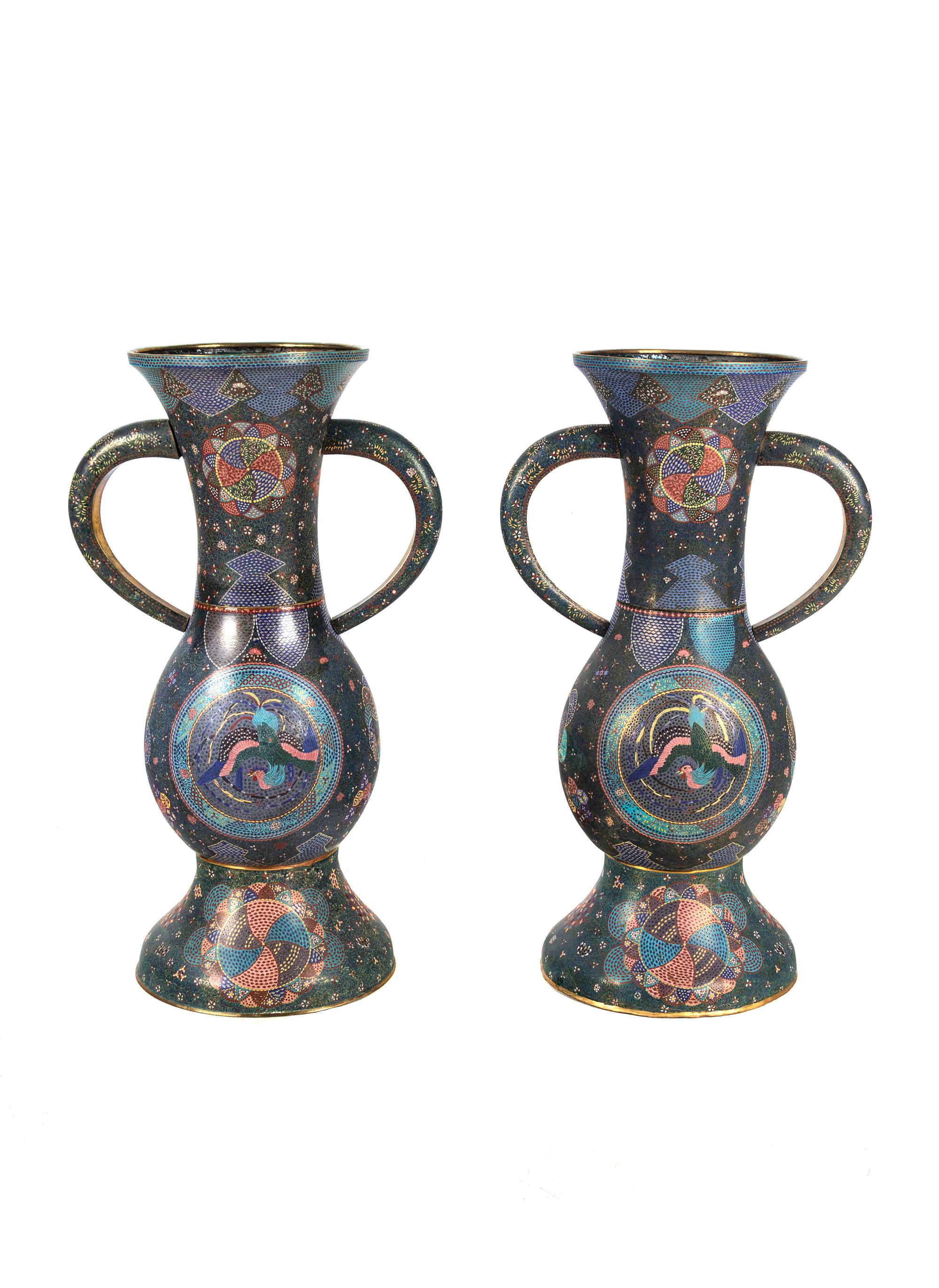 A Large Pair of Japanese Cloisonne Enamel Vases