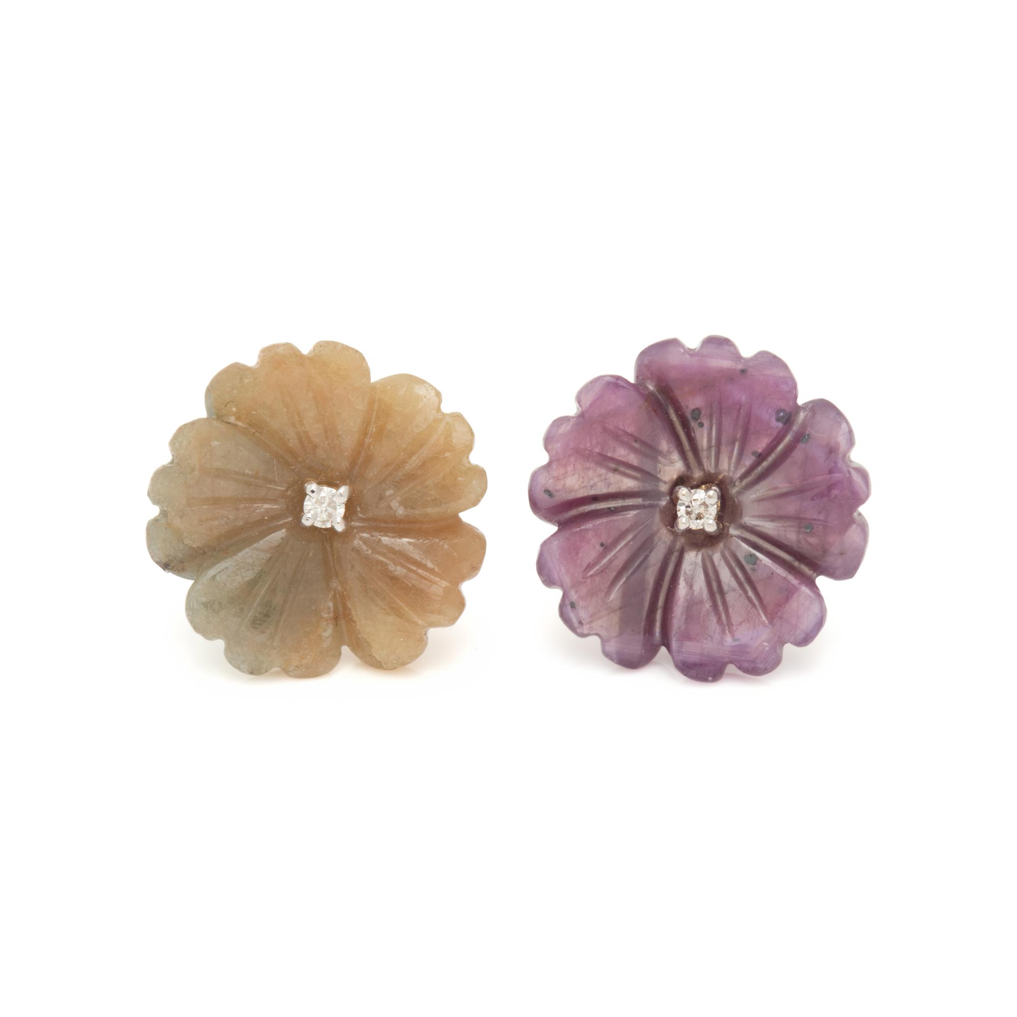 CARVED SAPPHIRE AND DIAMOND FLOWER EARRINGS