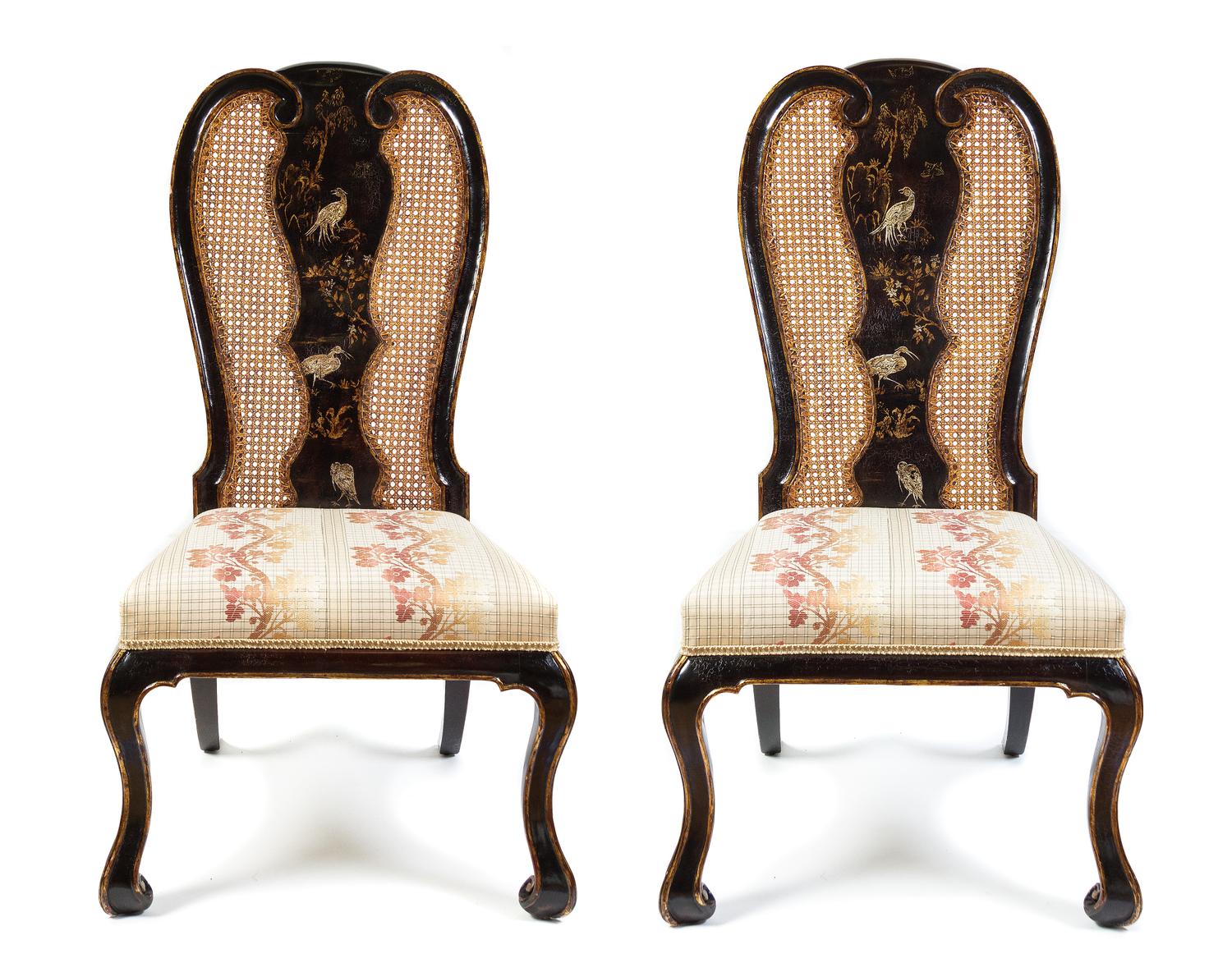 A Pair of Queen Anne Style Chinoiserie Lacquered and Cane Upholstered Side Chairs, Height 44 1/2 inches.