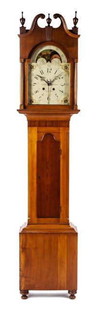 An American Cherry Long Case Clock, FIRST QUARTER 19TH CENTURY, JOHN ESTERLE, MAY TOWN, Height 89 1/2 inches. — FIRST QUARTER 19TH CENTURY, JOHN ESTERLE, MAY TOWN,