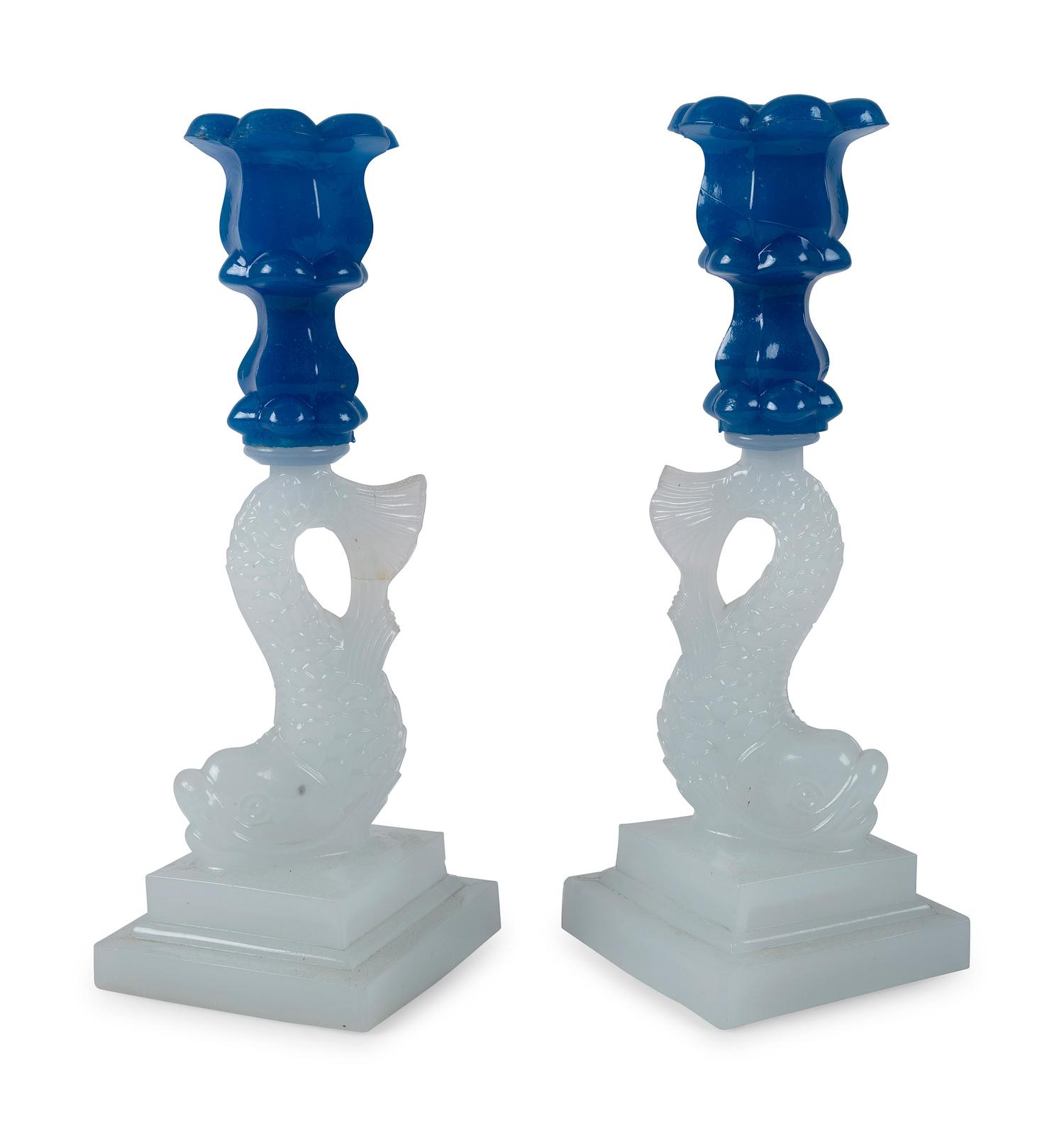 A Pair of Sandwich Glass Dolphin Candlesticks