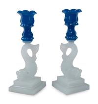 A Pair of Sandwich Glass Dolphin Candlesticks
