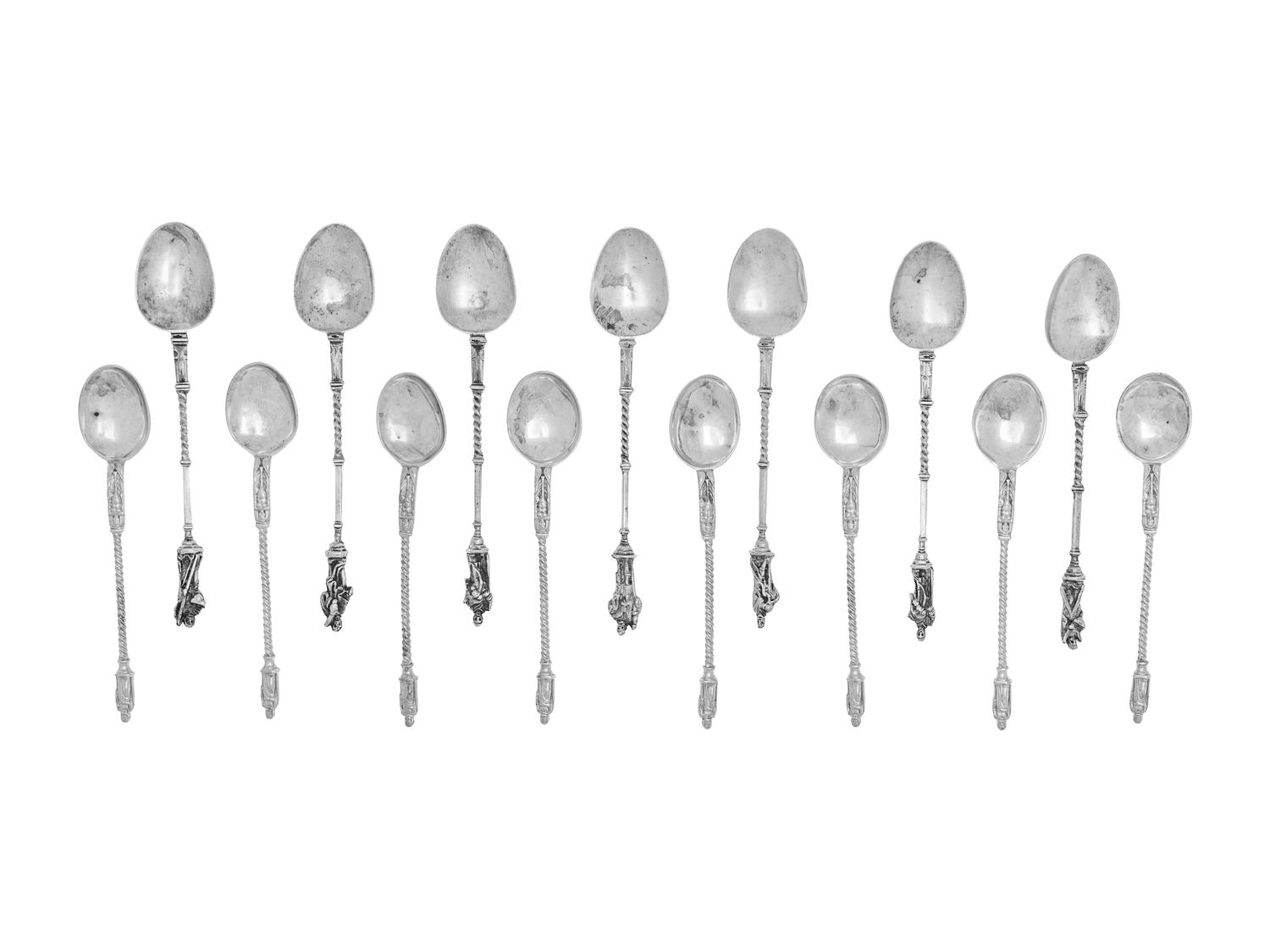 Two Sets of Silver Coffee Spoons with Figural Handles