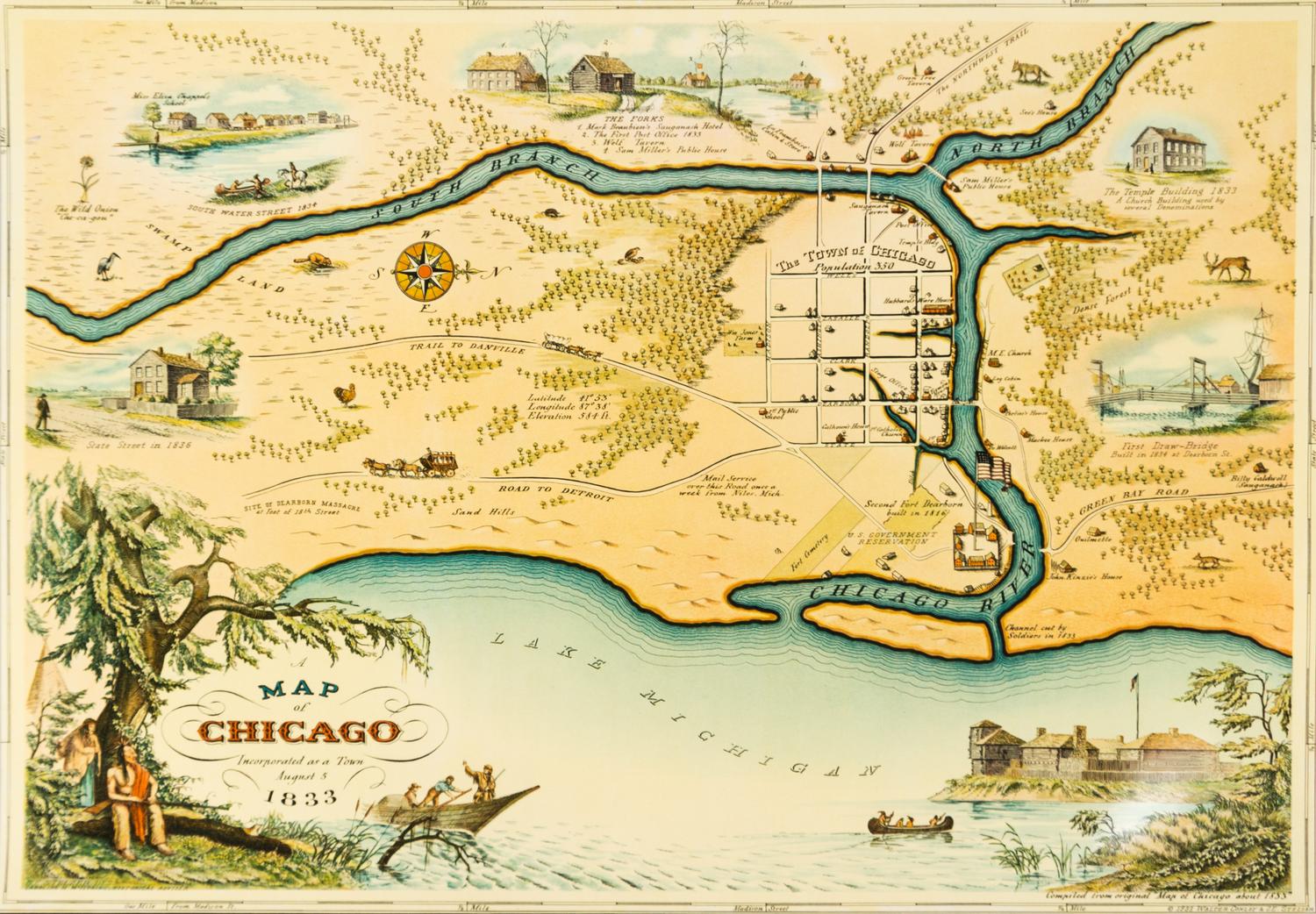 (MAP, CHICAGO) CONLEY, WALTER. A Map of Chicago Incorporated as a Town, 1833. Chicago, 1933. Color litho. map.