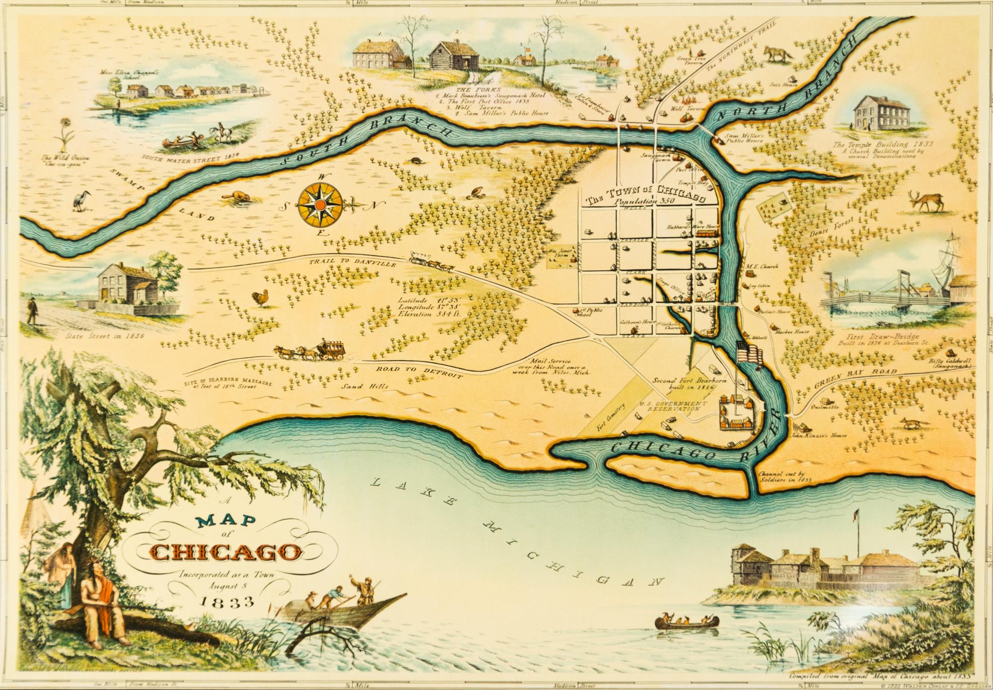 (MAP, CHICAGO) CONLEY, WALTER. A Map of Chicago Incorporated as a Town, 1833. Chicago, 1933. Color litho. map.
