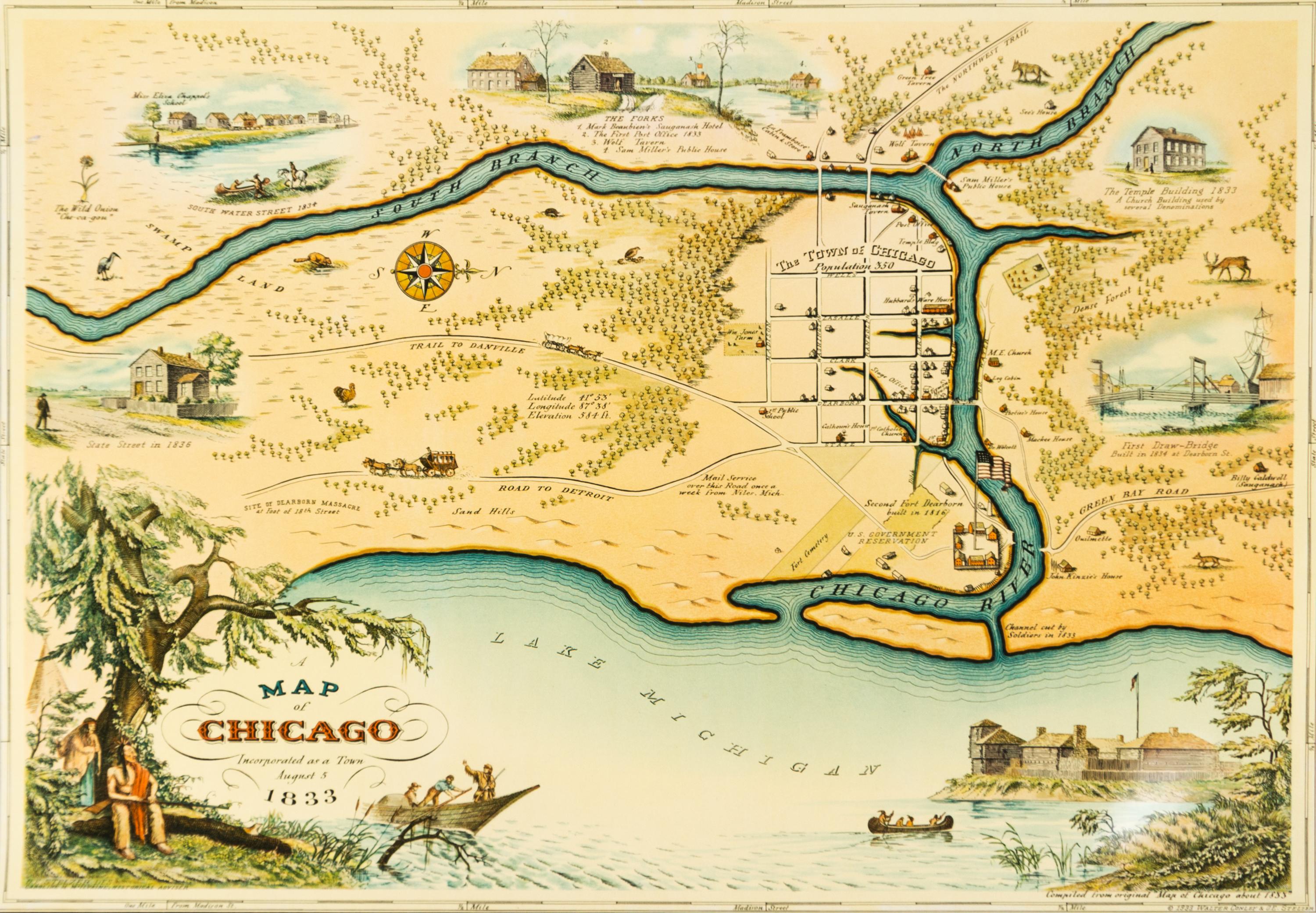 (MAP, CHICAGO) CONLEY, WALTER. A Map of Chicago Incorporated as a Town, 1833. Chicago, 1933. Color litho. map.
