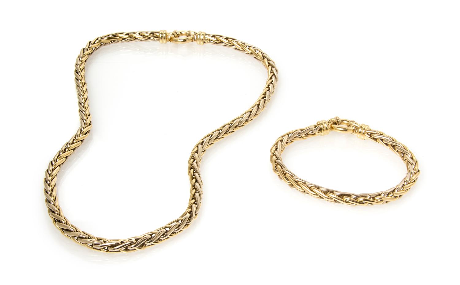 An 18 Karat Yellow Gold Wheat Chain Demi Parure, 42.90 dwts.
