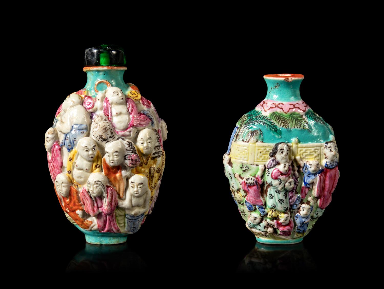 Two Chinese Famille Rose Molded Snuff Bottles