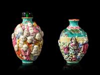 Two Chinese Famille Rose Molded Snuff Bottles