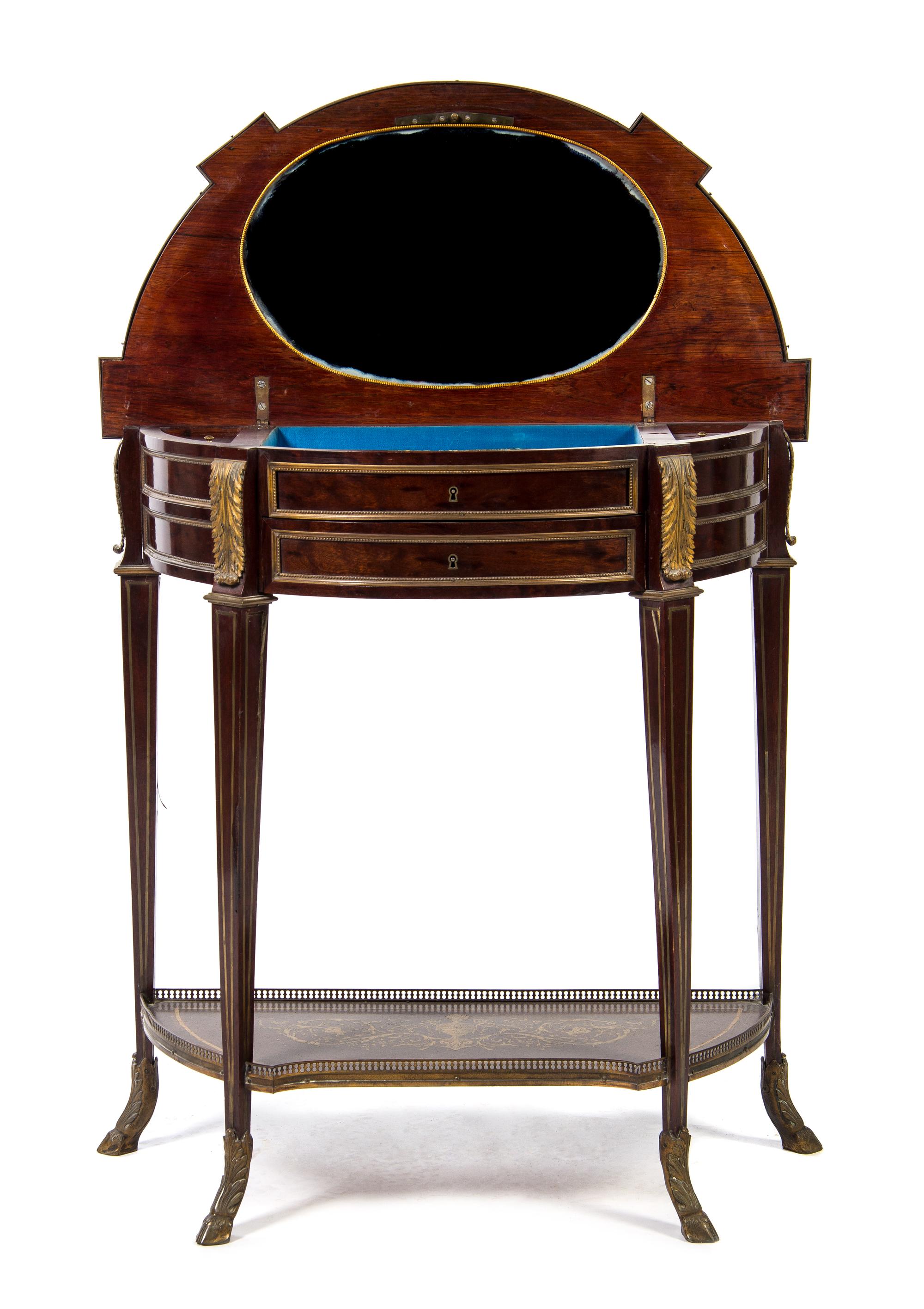 A Russian Empire Brass Inlaid Mahogany Dressing Table, Height: 30 1/8 inches.