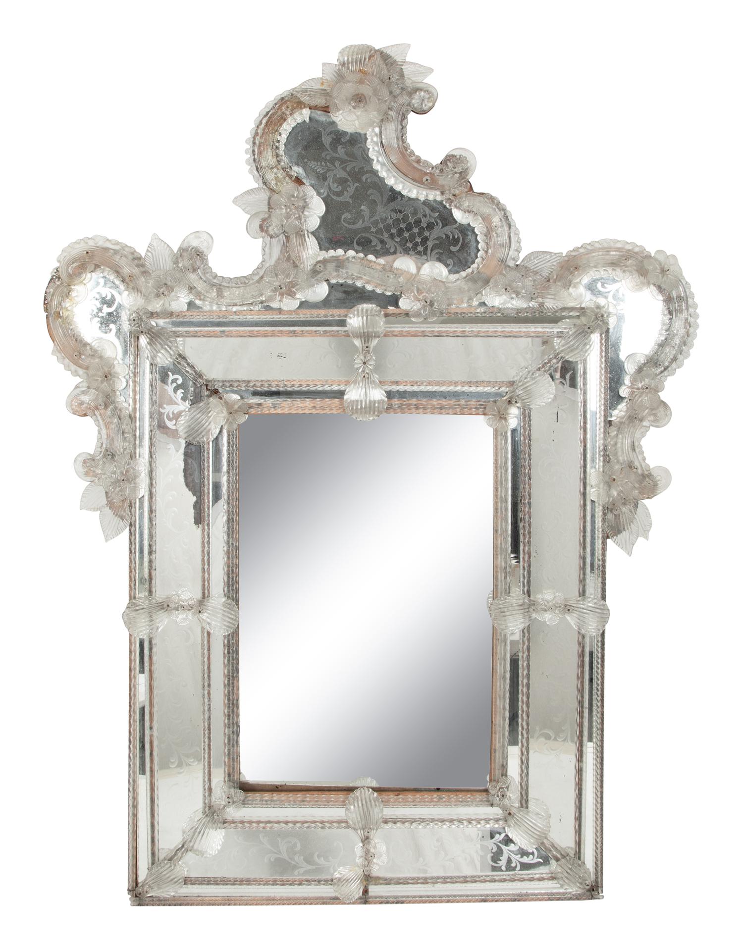 A Venetian Etched Glass Mirror with Cartouche-Form Crest