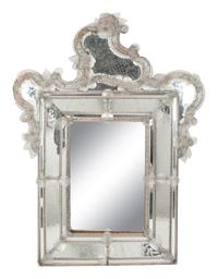 A Venetian Etched Glass Mirror with Cartouche-Form Crest