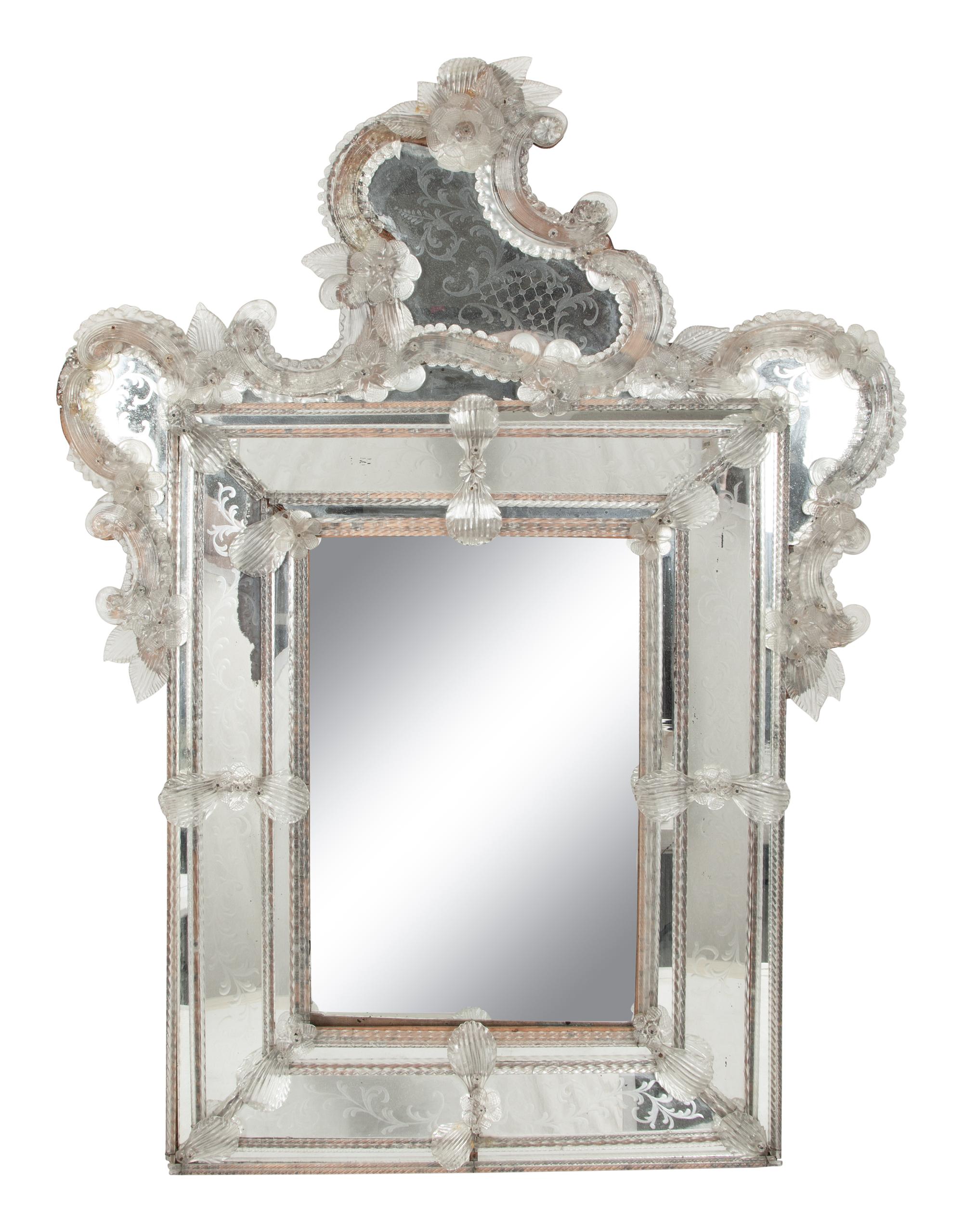 A Venetian Etched Glass Mirror with Cartouche-Form Crest