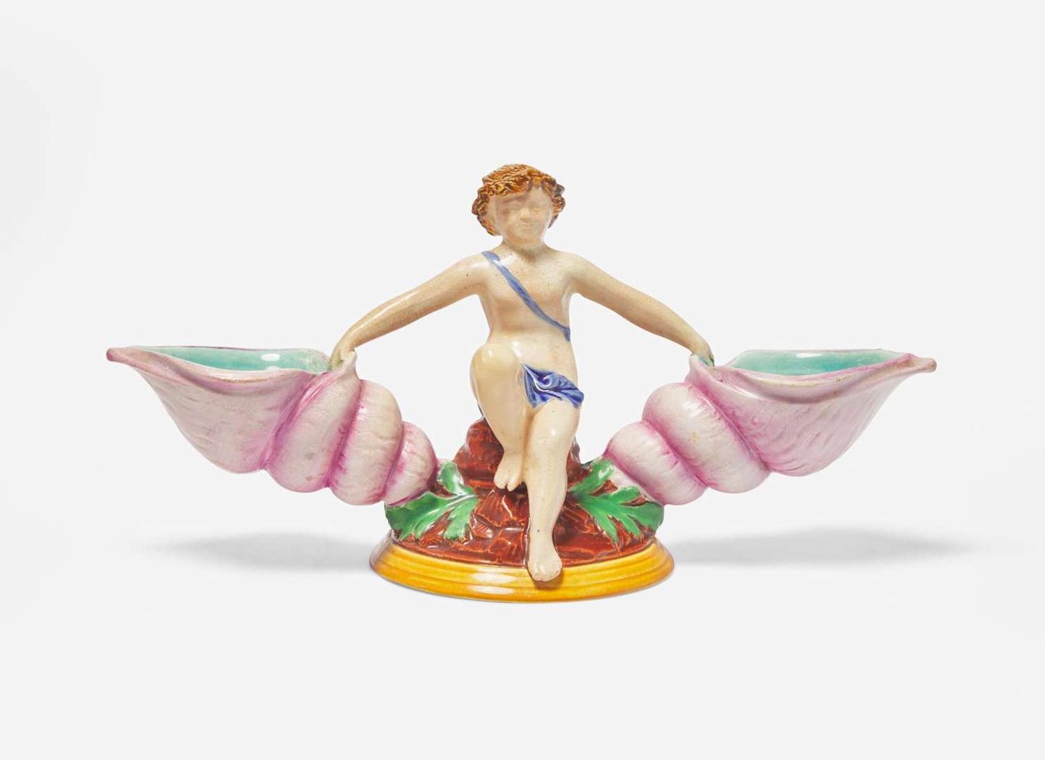 A Wedgwood Majolica Figural Double Salt, UK, circa 1875