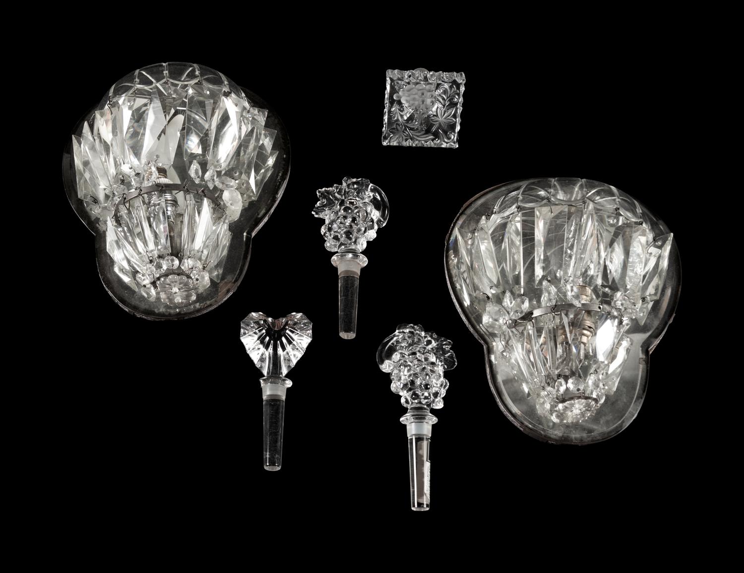 A Pair of French Sconces together with a Pair of Candlesticks and Four Stoppers