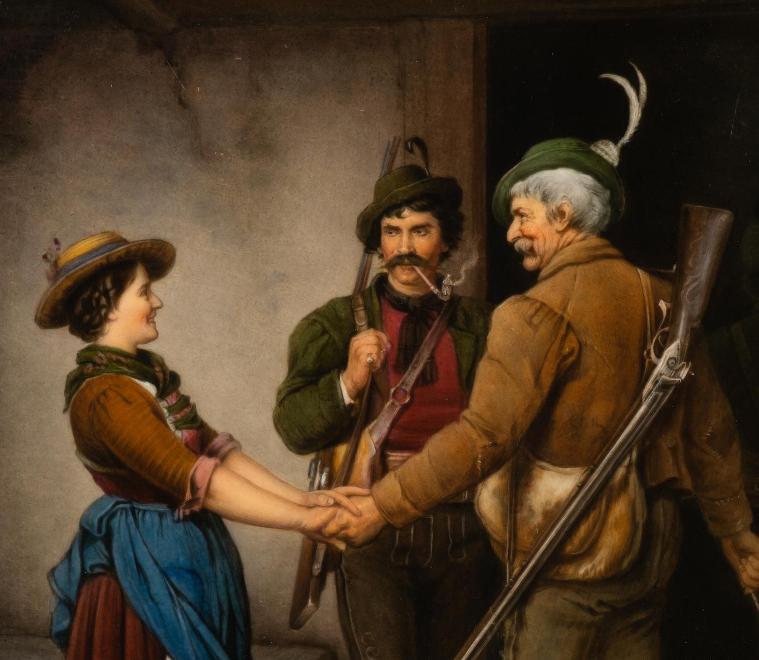 A Berlin (K.P.M.) Porcelain Plaque Depicting The Parting of the Hunter After Franz Von DeFregger